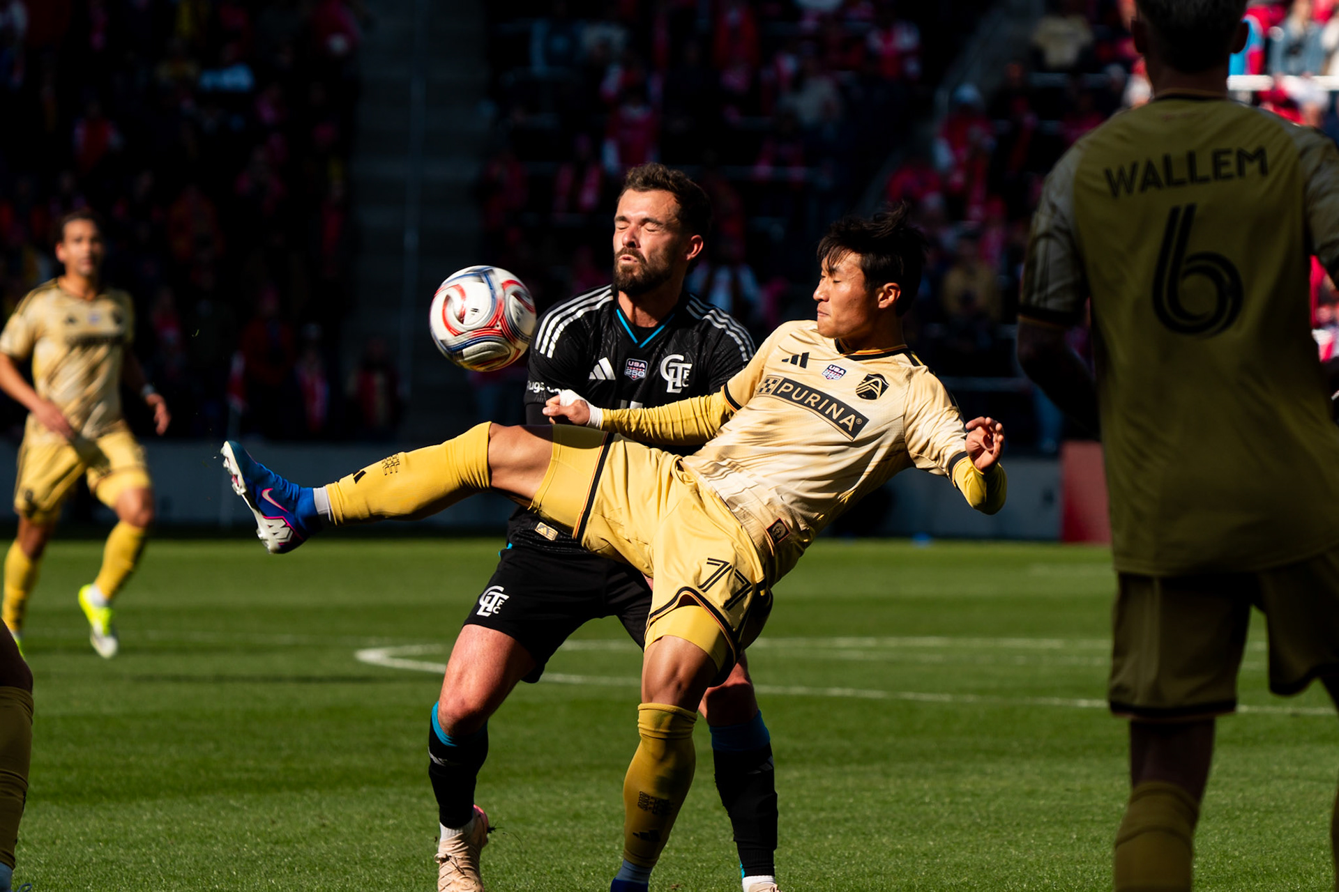 St. Louis CITY SC forward Jeong Sang-bin (77) kicks the ball against Charlotte FC.St. Louis City FC vs. FC Charlotte on February 21, 2026 at Energizer Park in St. Louis, MO. Photo by Daniel Laubhan