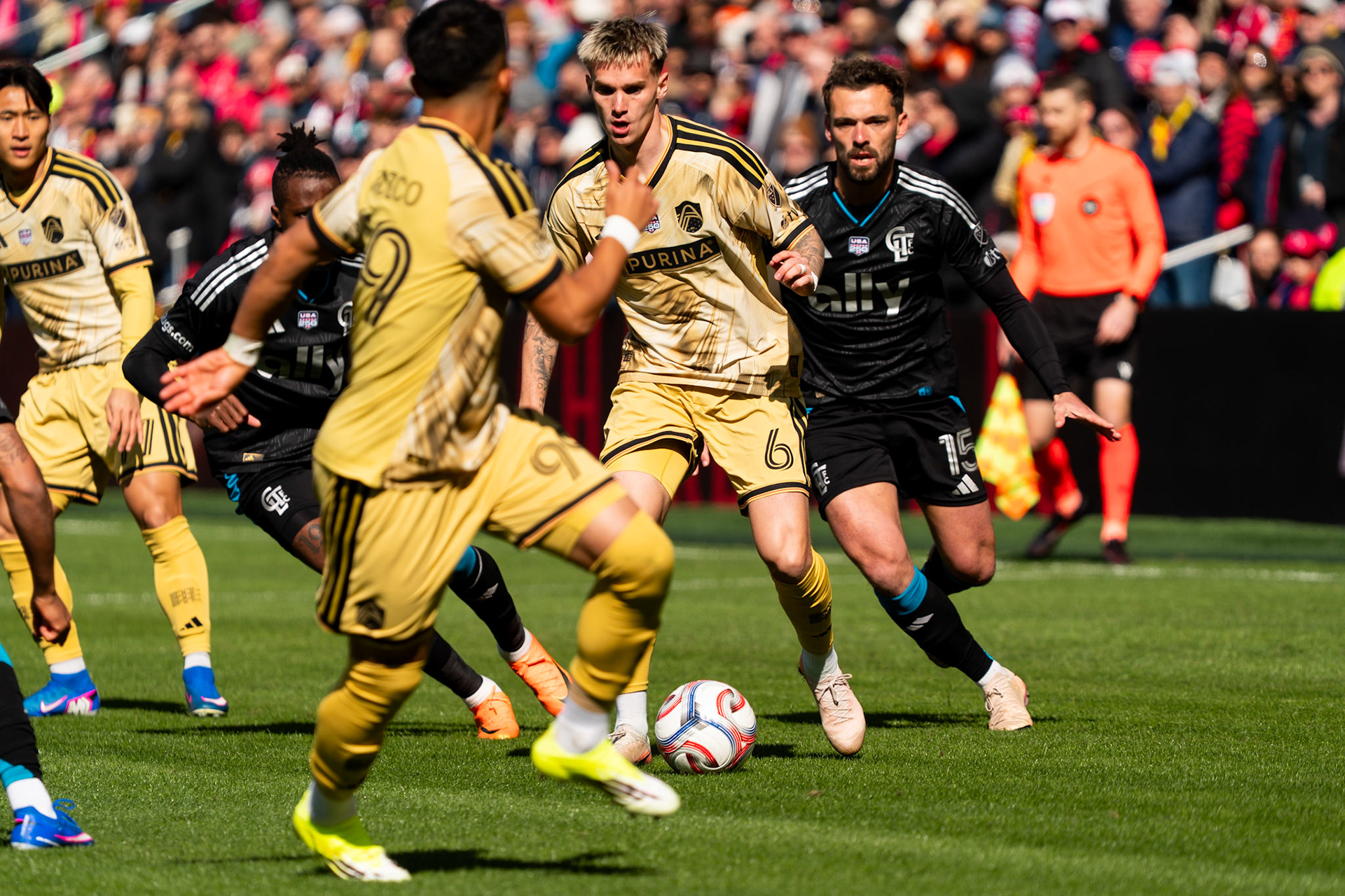 St. Louis CITY SC midfielder Conrad Wallem (6) dribbles the ball against Charlotte FC.St. Louis City FC vs. FC Charlotte on February 21, 2026 at Energizer Park in St. Louis, MO. Photo by Daniel Laubhan