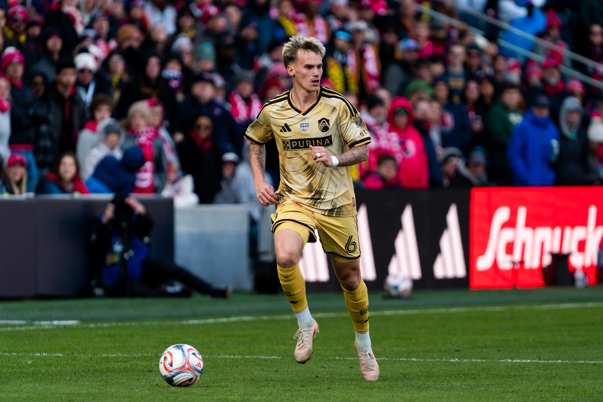 St. Louis CITY SC midfielder Conrad Wallem (6) against Charlotte FC.St. Louis City FC vs. FC Charlotte on February 21, 2026 at Energizer Park in St. Louis, MO. Photo by Daniel Laubhan
