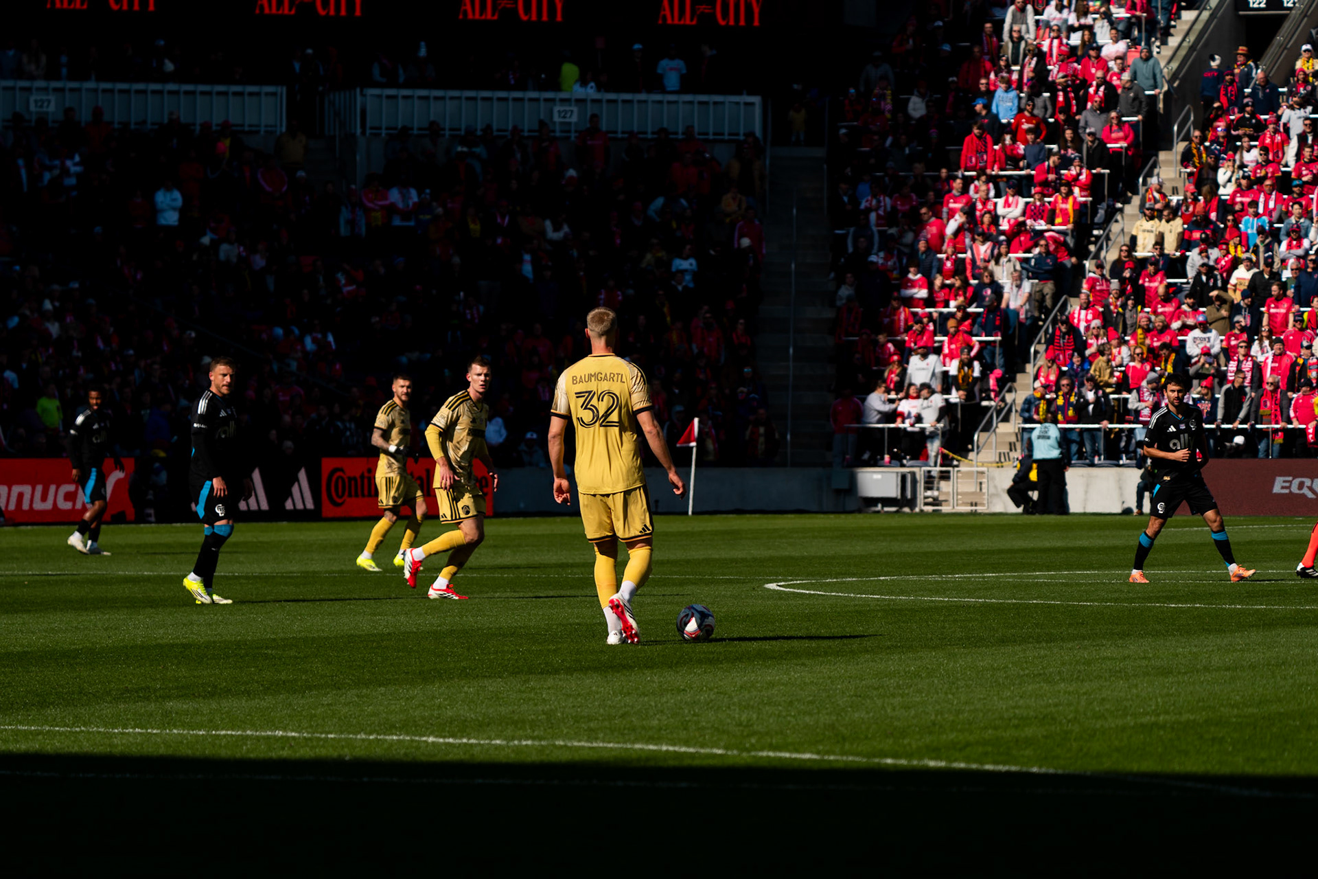 St. Louis CITY SC defender Timo Baumgartl (32) prepares to pass the ball against Charlotte FC.St. Louis City FC vs. FC Charlotte on February 21, 2026 at Energizer Park in St. Louis, MO. Photo by Daniel Laubhan