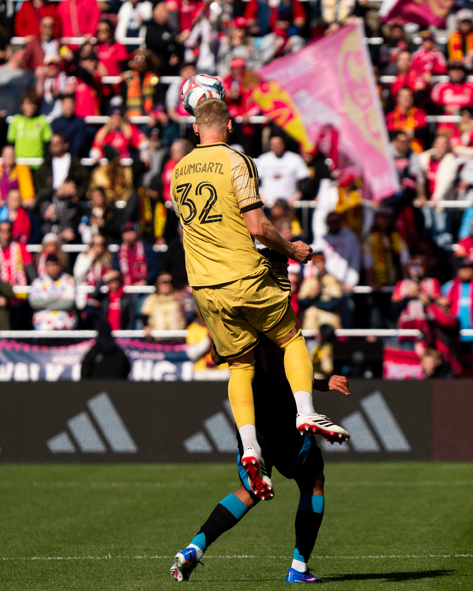 St. Louis CITY SC defender Timo Baumgartl (32) heads the ball against Charlotte FC.St. Louis City FC vs. FC Charlotte on February 21, 2026 at Energizer Park in St. Louis, MO. Photo by Daniel Laubhan