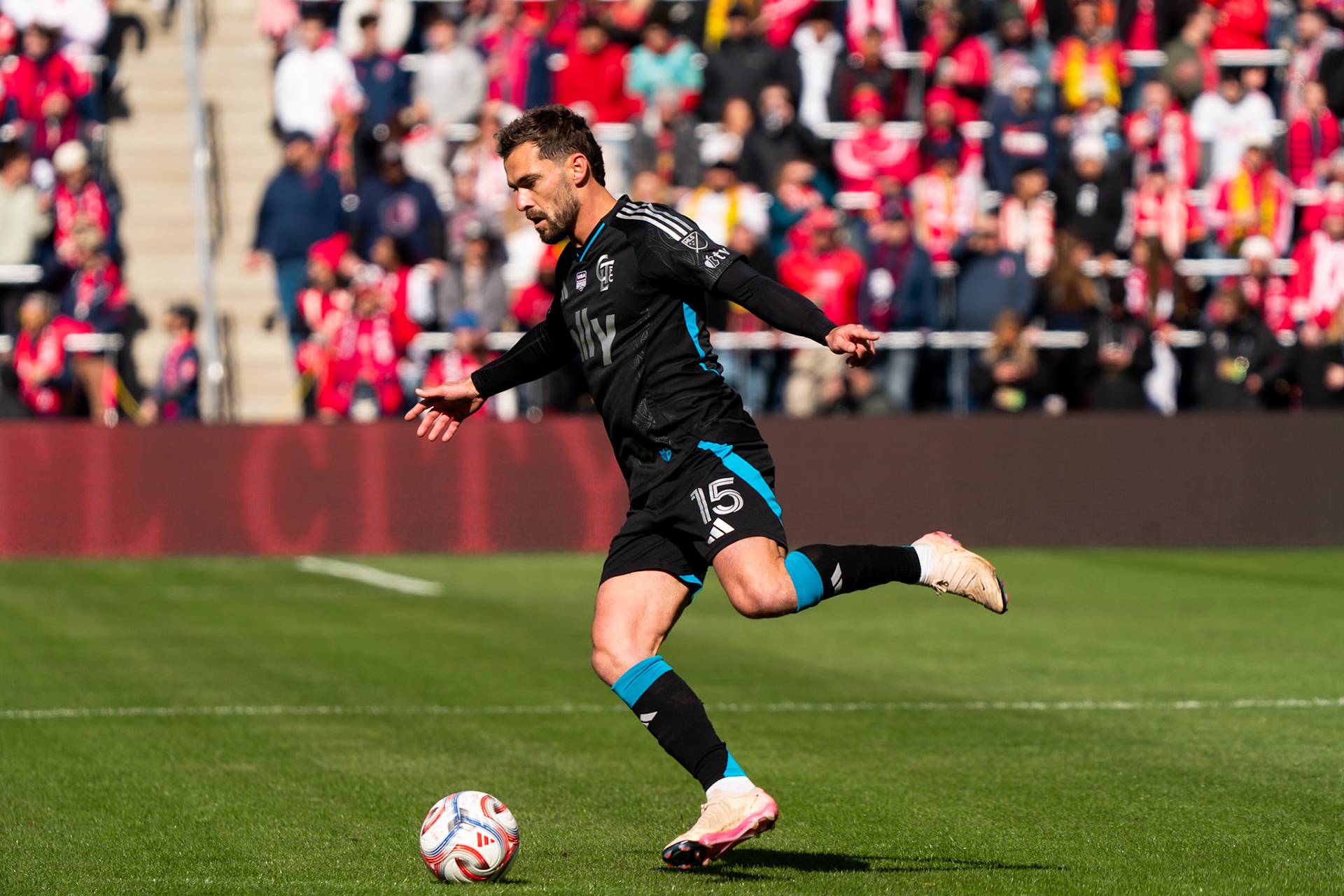 Charlotte FC defender Harry Toffolo (15) passes the ball against St. Louis CITY SC.St. Louis City FC vs. FC Charlotte on February 21, 2026 at Energizer Park in St. Louis, MO. Photo by Daniel Laubhan