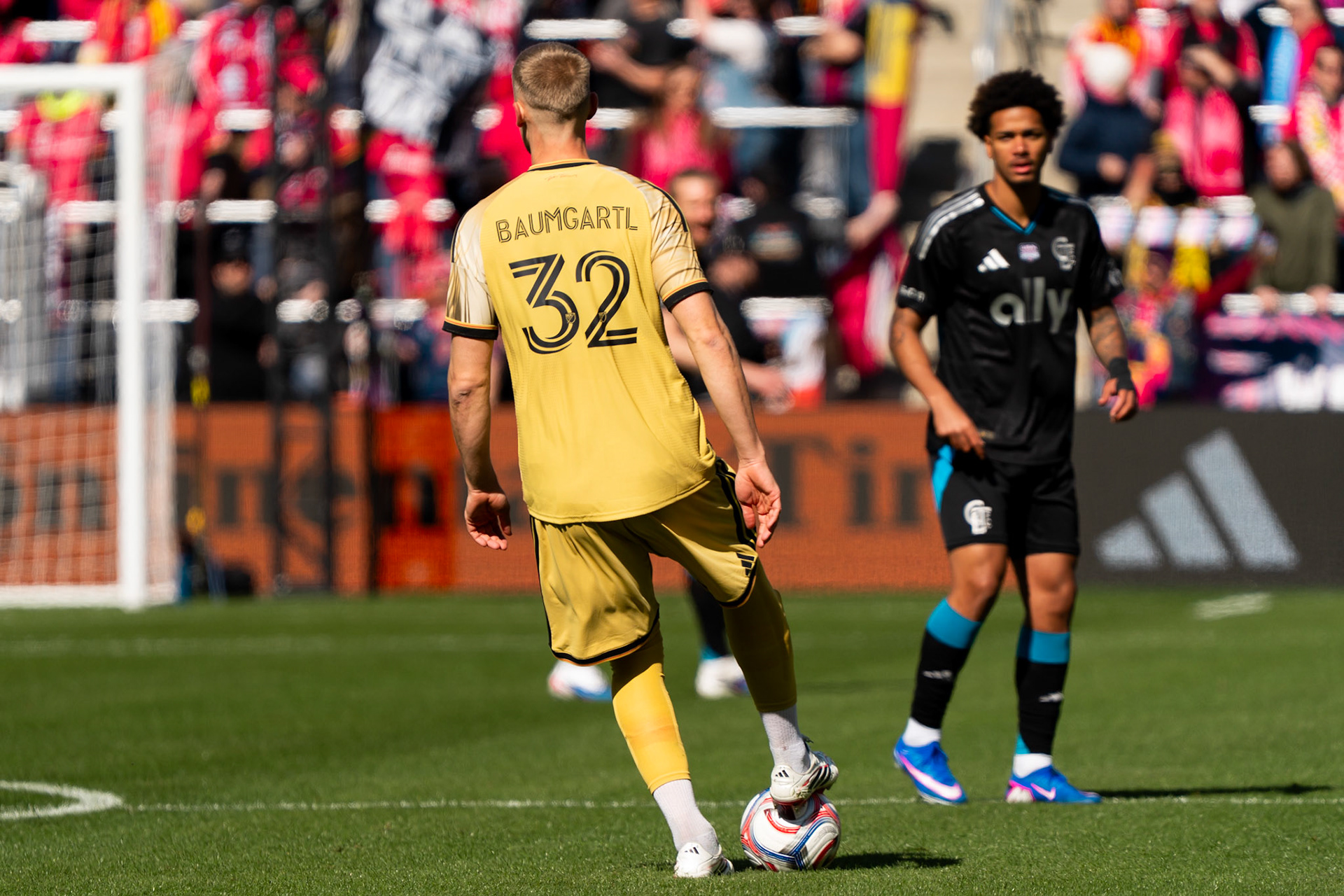 St. Louis CITY SC defender Timo Baumgartl (32) eyes down a Charlotte defender against Charlotte FC.St. Louis City FC vs. FC Charlotte on February 21, 2026 at Energizer Park in St. Louis, MO. Photo by Daniel Laubhan