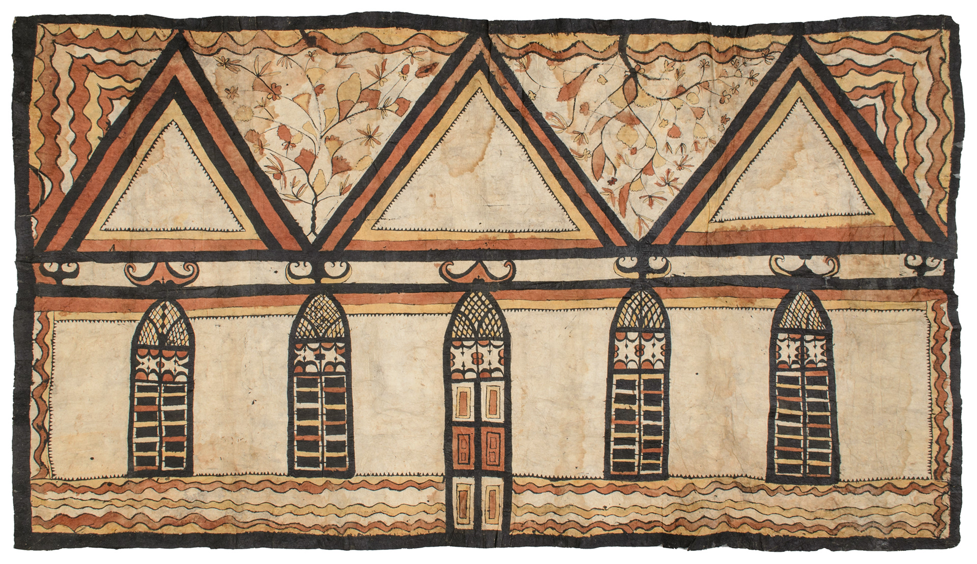 2017.25 ‘Barkcloth showing the church at Titikaveka, Rarotonga’, © Museum of Archaeology and Anthropology, University of Cambridge