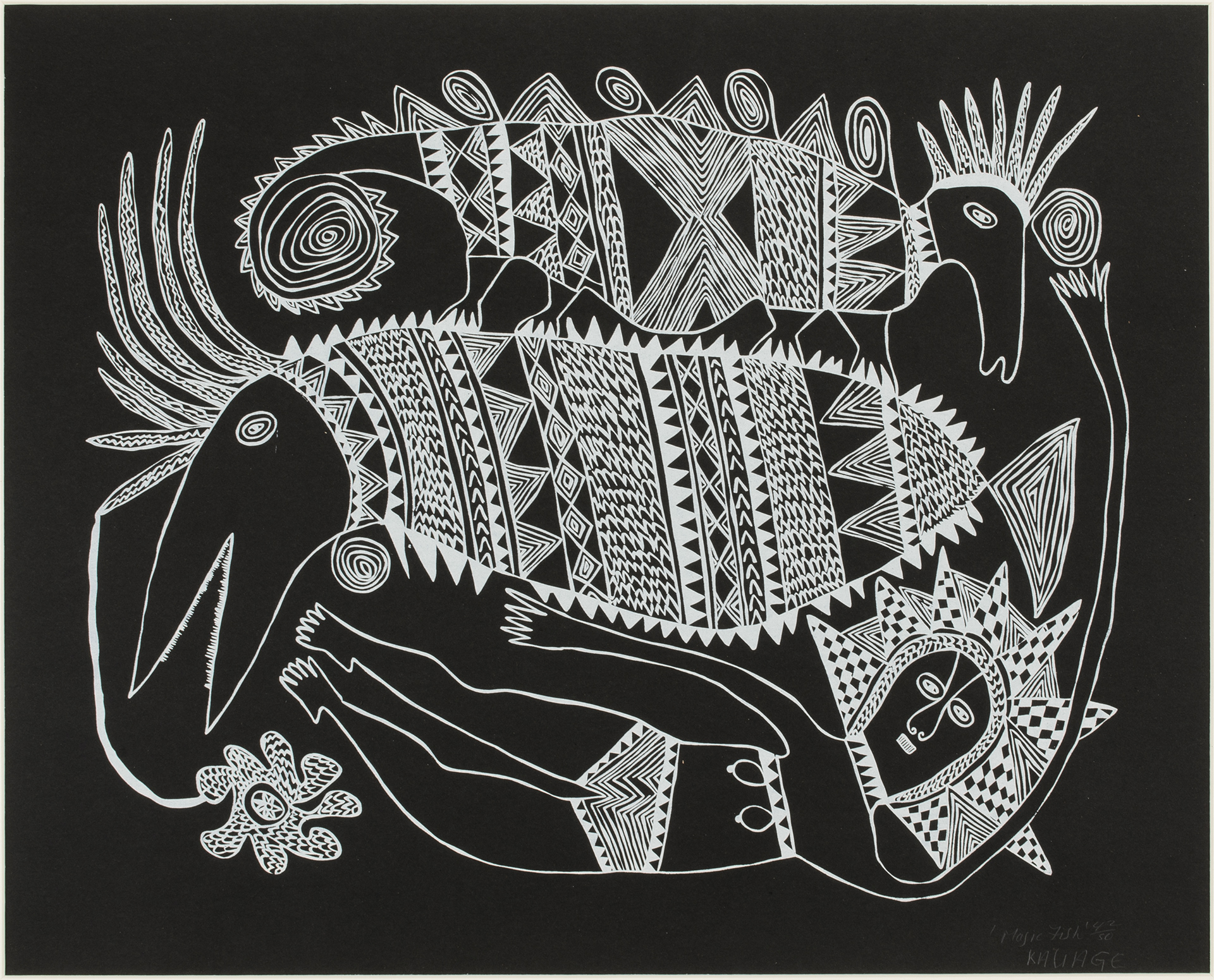 2010.674 ‘Magic fish’ by Mathias Kauage, 1969, © Museum of Archaeology and Anthropology, University of Cambridge