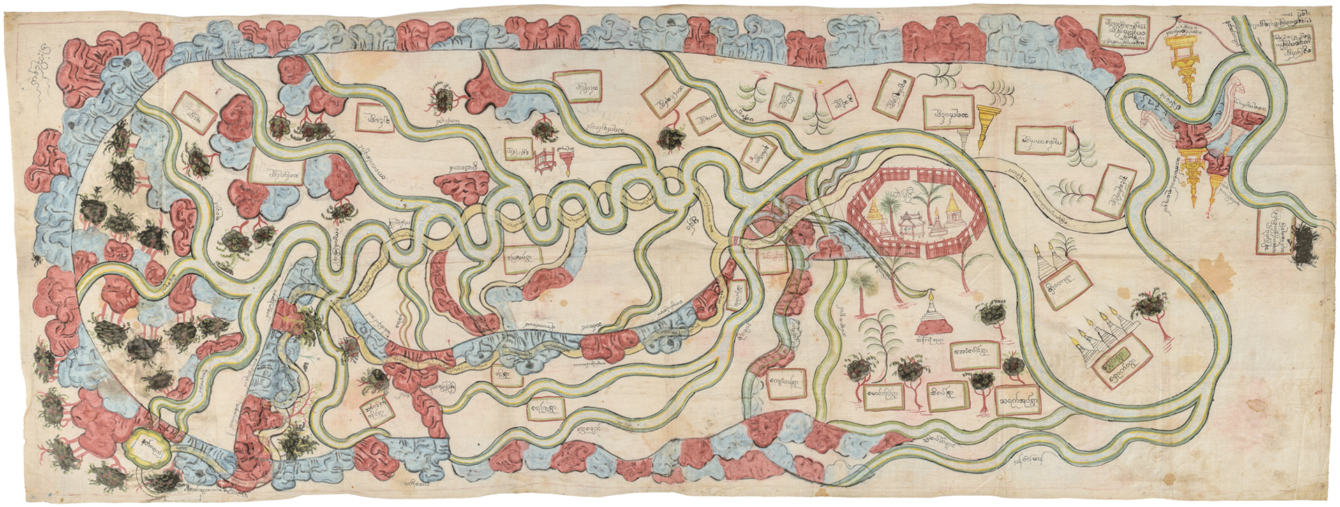 Z 19419 'Map of Myanmar (Burma) of the Mune Creek District showing a river, tributaries and temples, with place names written in Burmese script', © Museum of Archaeology and Anthropology, University of Cambridge
