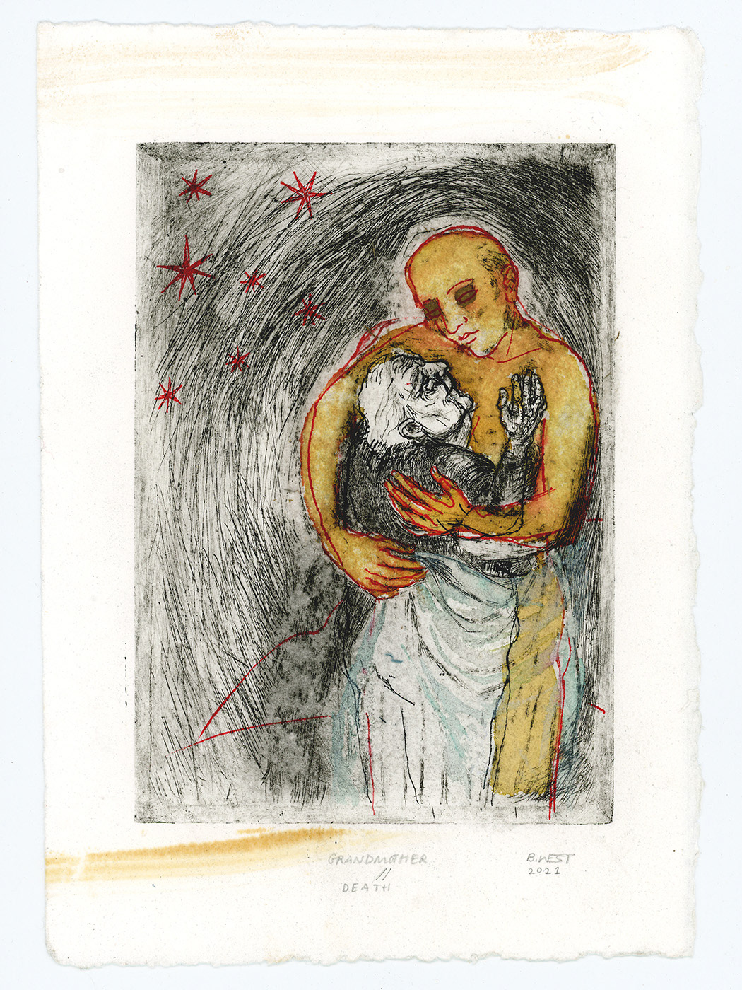 GRANDMOTHER // DEATH, 2021, etching with ink drawing