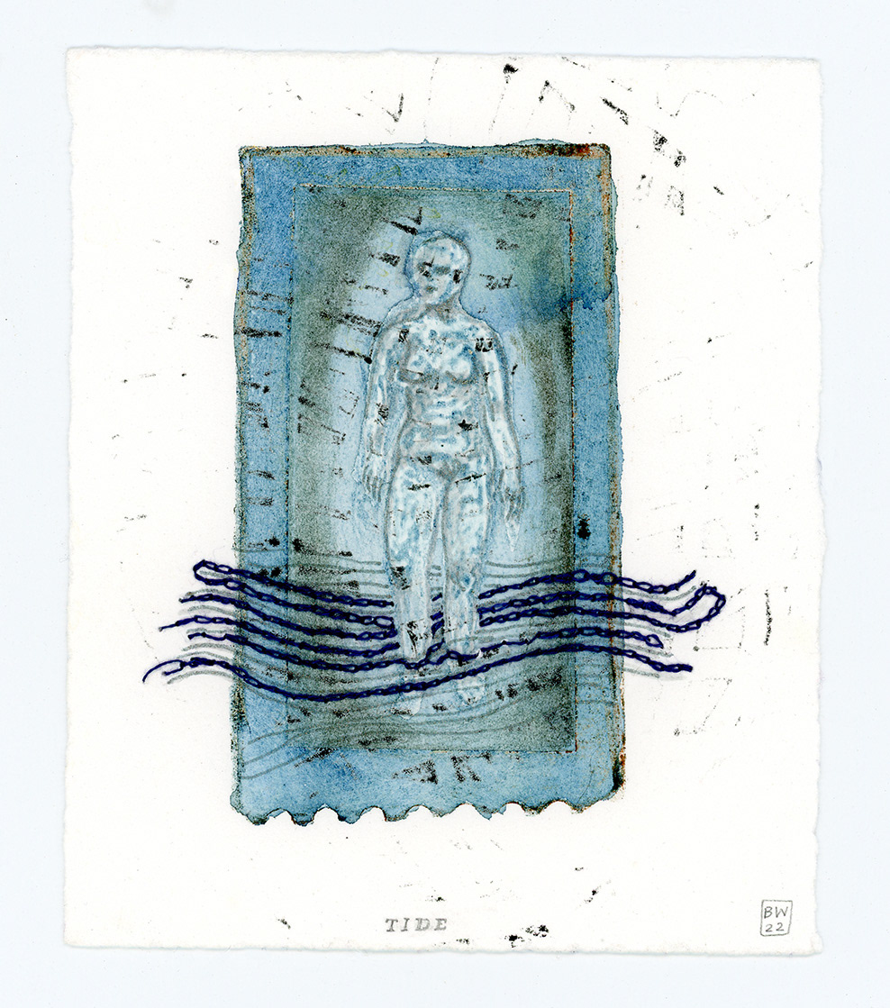 TIDE, 2022, collagraph with watercolour, gel pen, and embroidery