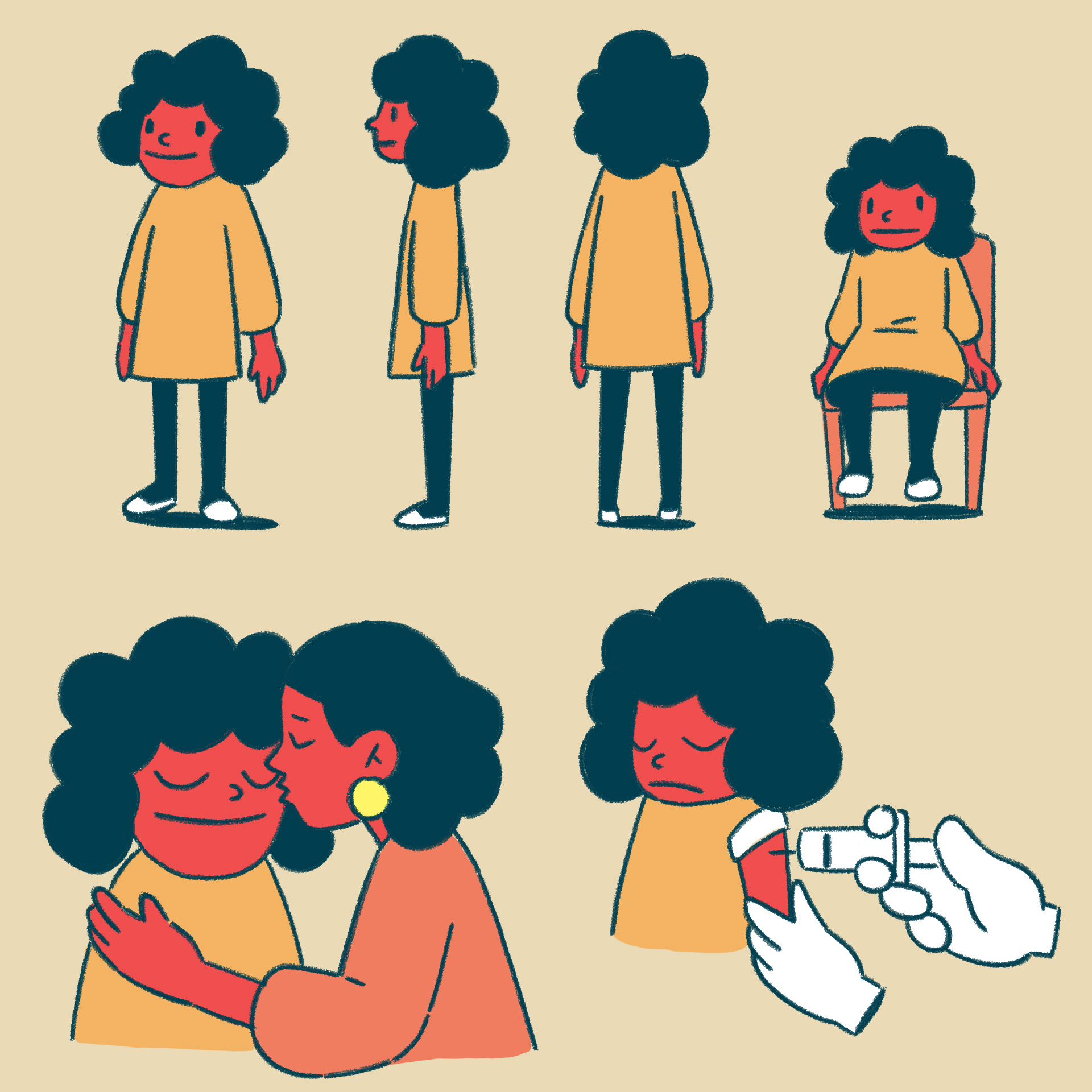 Character design for the main character, 10 years old girl