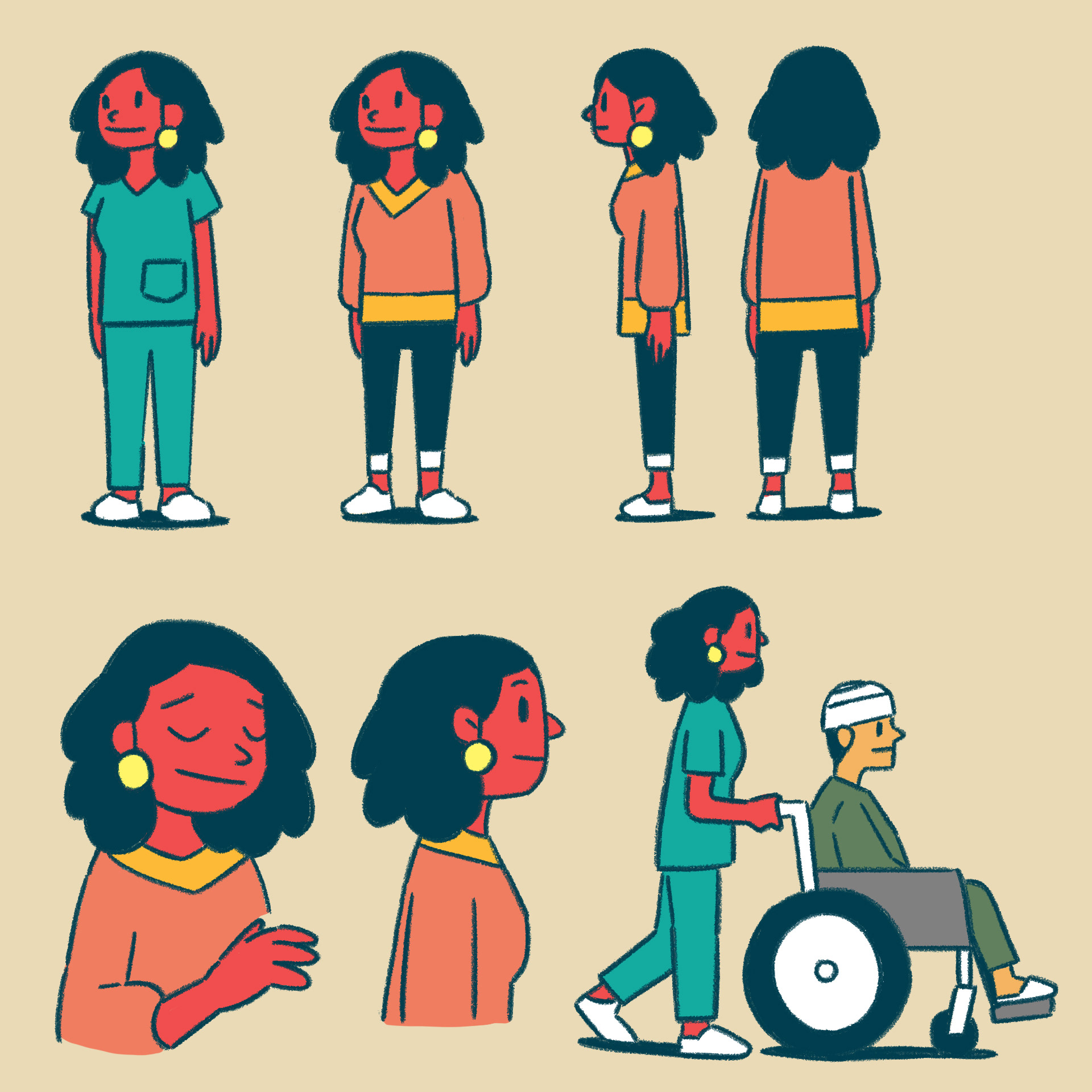 Character design for the mother, explored for home version and nurse version