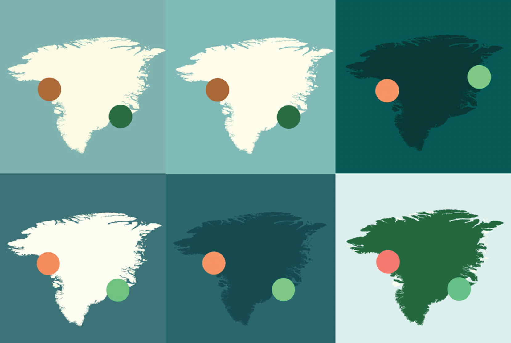 Color variations of the map, ocean, and icons (represented by their circle color) to assess the most legible and visually balanced color grouping.