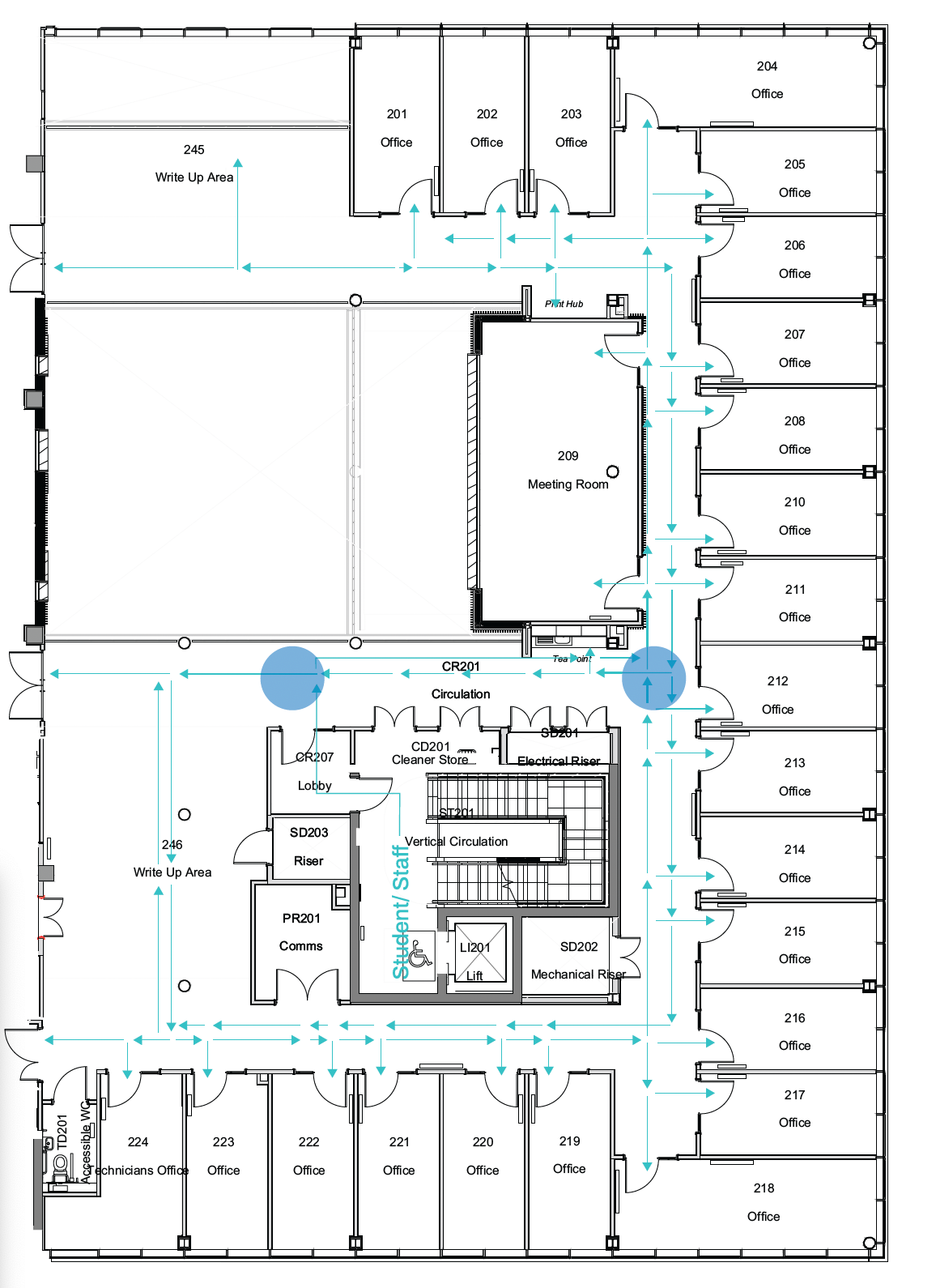 Second floor visitor flow that maps out all the possible directions a persn can take in the building.