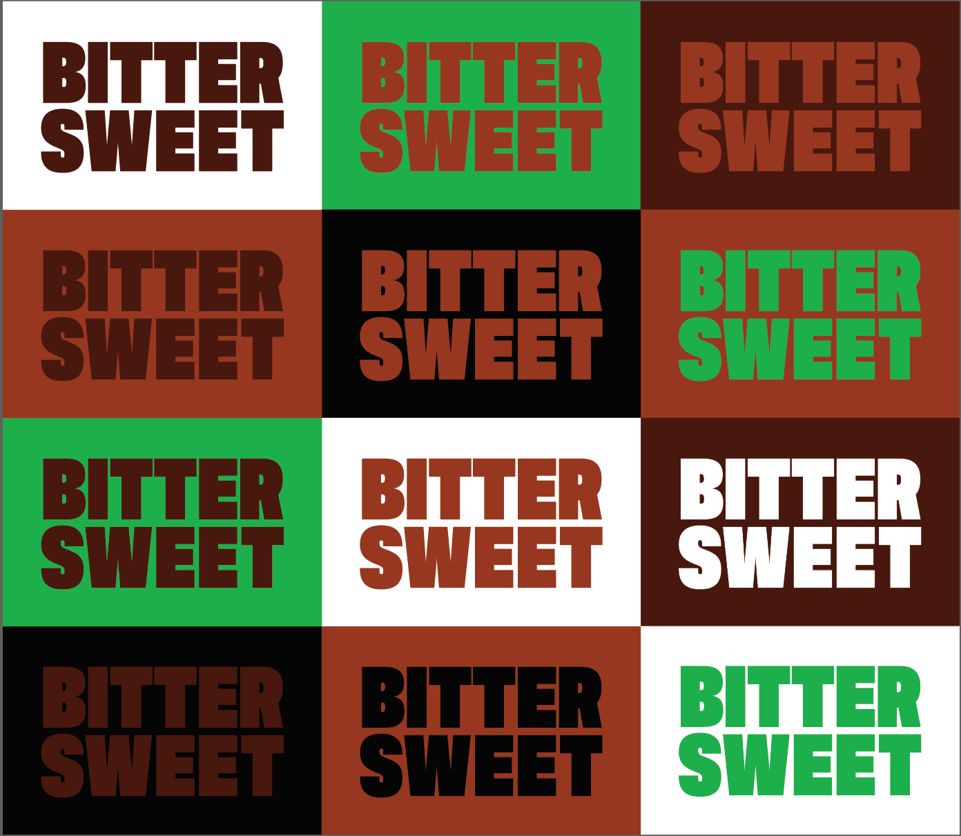 Identity proposals for Bittersweet. The typeface is the same one printed on the chocolate bars. The colors encompass all the colors used in the 4 projects.