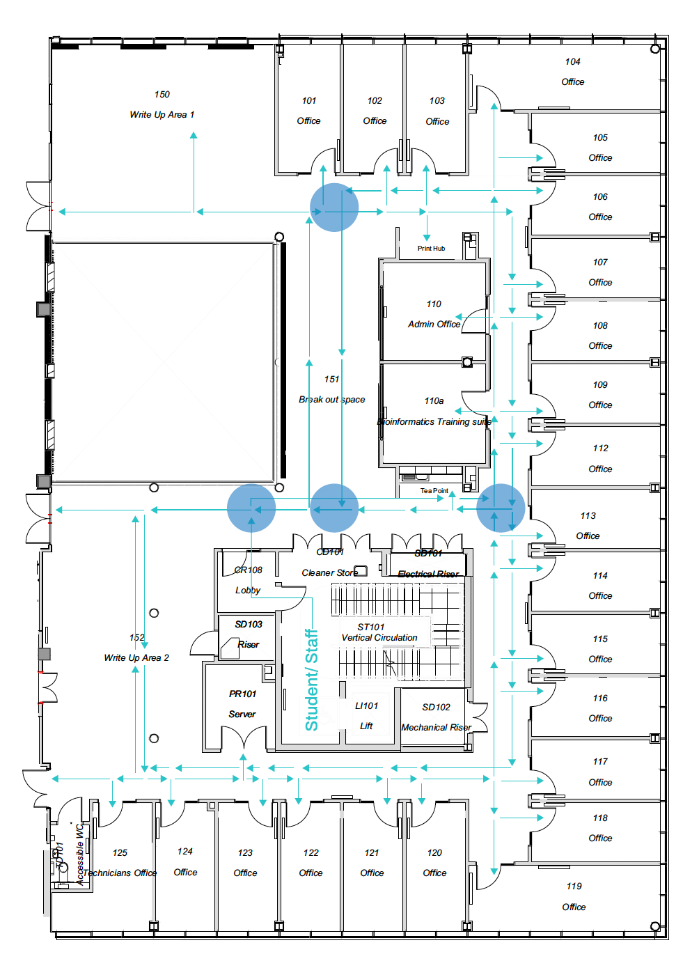 First floor visitor flow that maps out all the possible directions a person can take in the building.