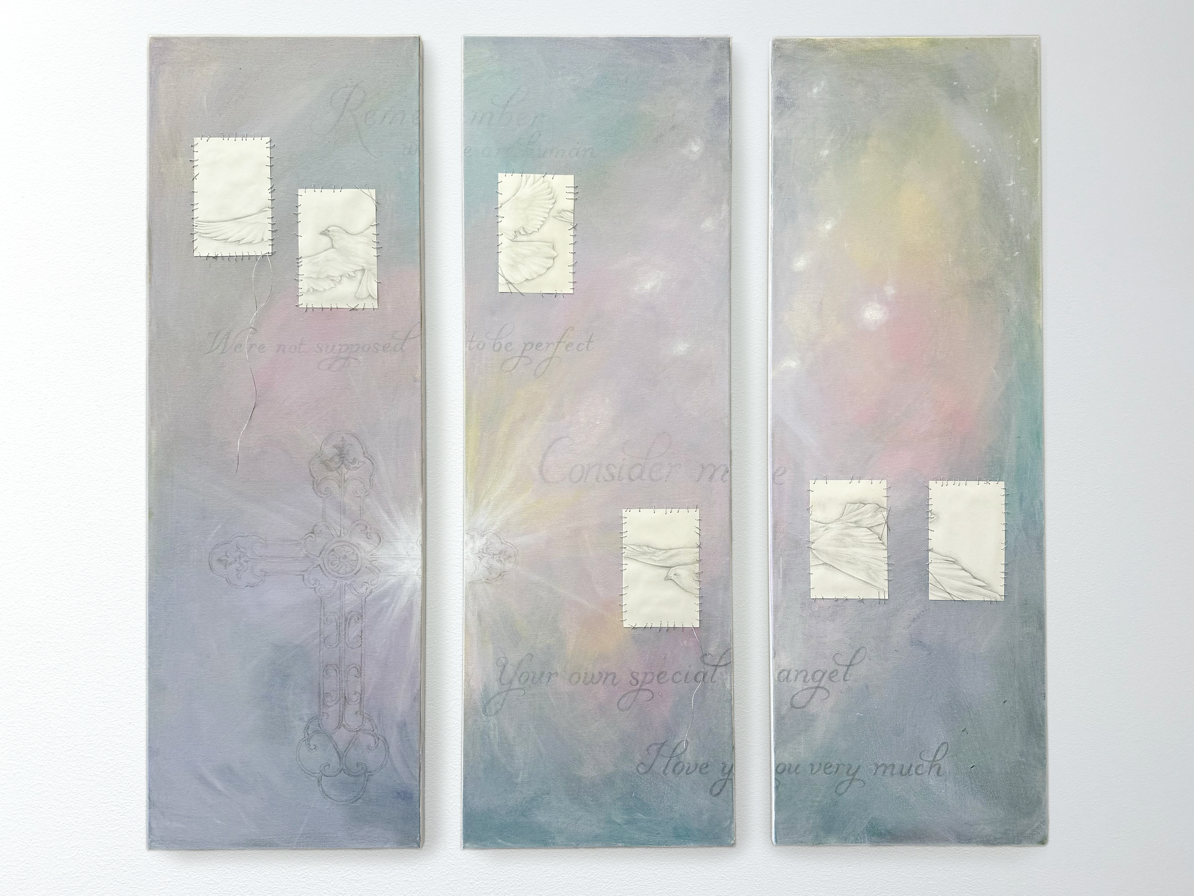 Heaven, 2025, acrylic, pencil, colored pencil, paper, and thread on canvas