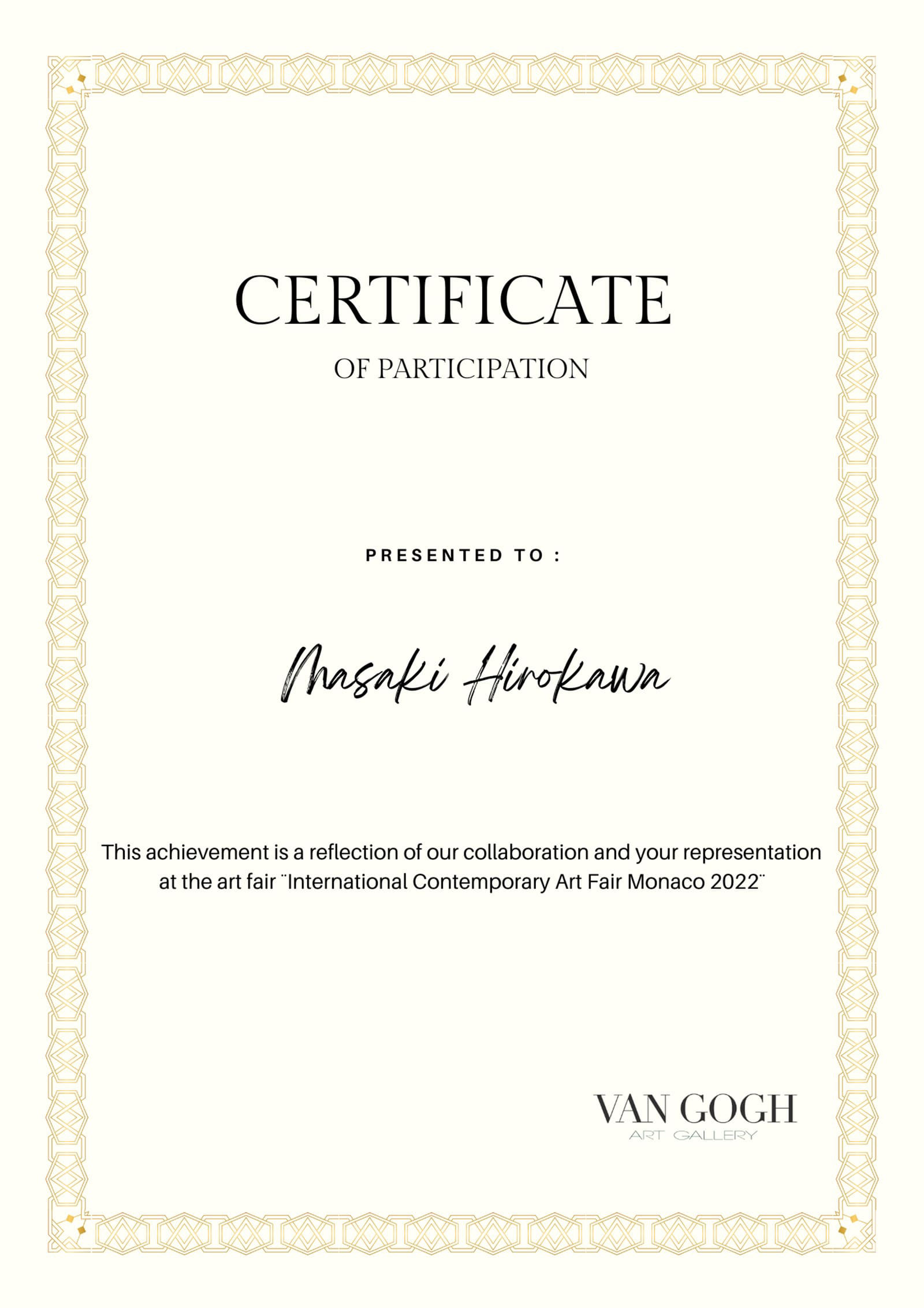 CERTIFICATE OF PARTICIPATION - Presented to: Masaki Hirokawa / 廣川政樹