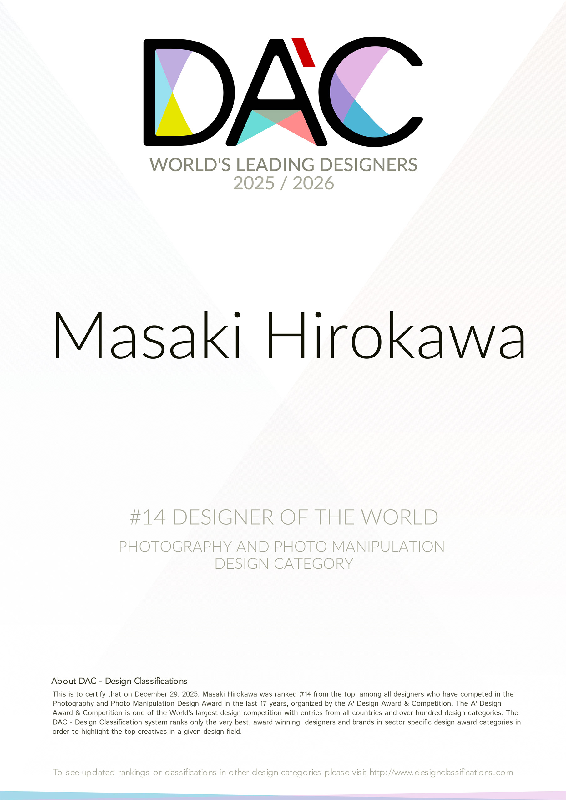 Masaki Hirokawa / 廣川政樹 - 2025-2026 – “World's 14th Best Designer” by DAC – Design Classifications (Organized by A’ Design Award)