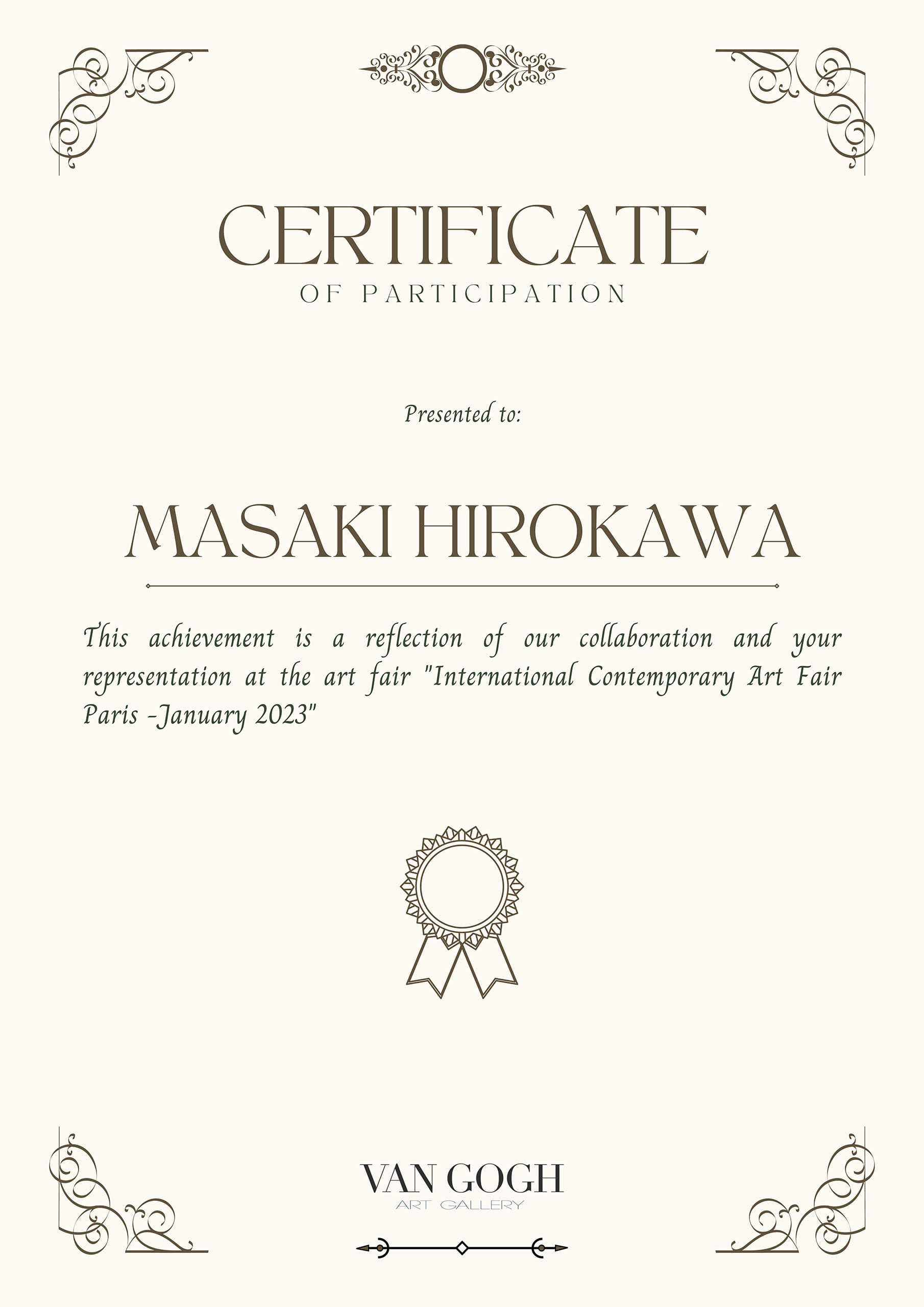 Masaki Hirokawa / 廣川政樹 - Certificate - Paris 2023 - VAN GOGH Art Gallery