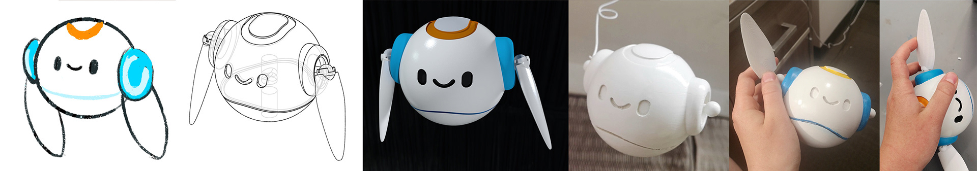 Image of progress from sketch to final painted and 3d printed Orbi model
