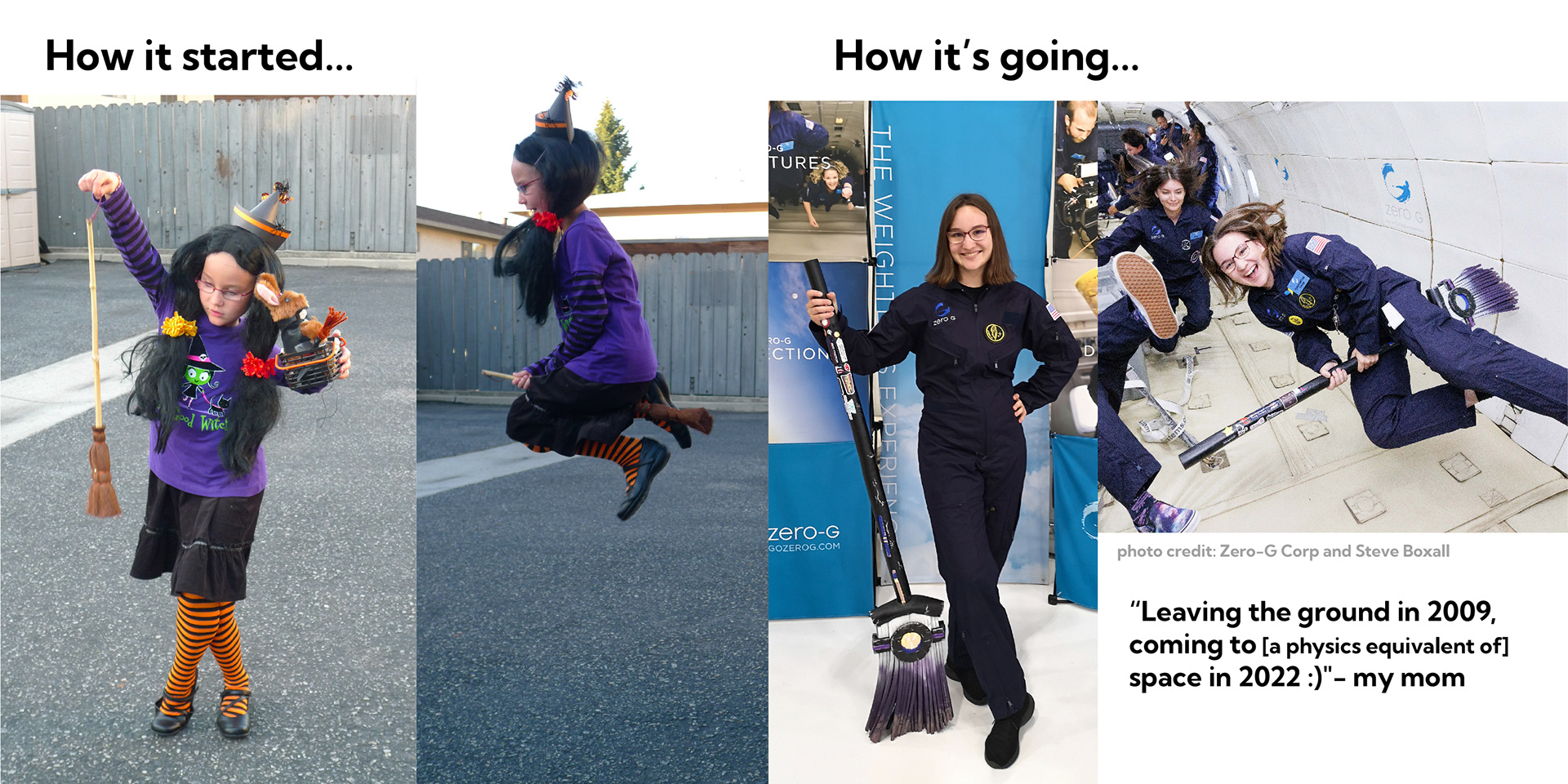 How it started, how it's going meme format comparing me in witch Halloween costume on a broom in 2009 and me today in 2022.