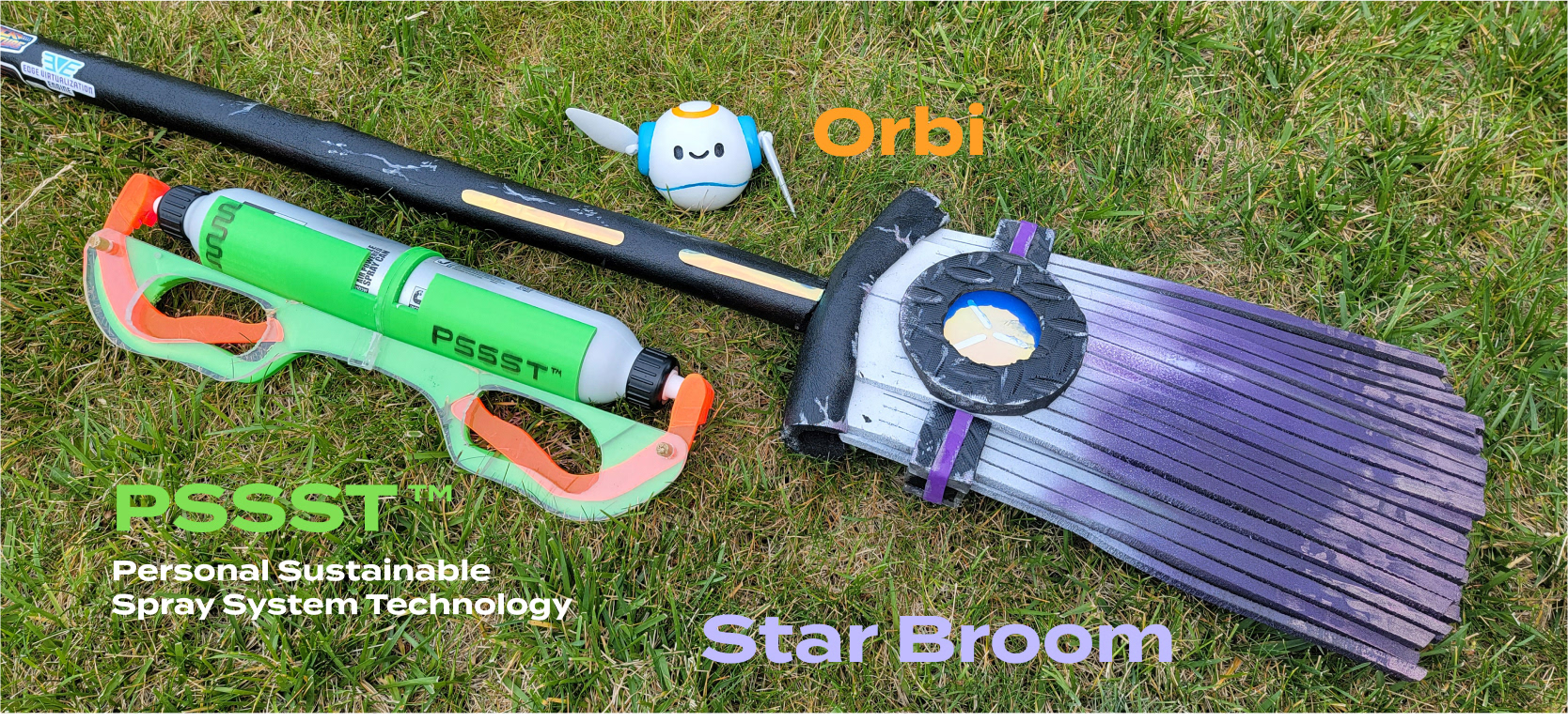 Image of all three of my projects together on the grass. 1: Orbi (a 4 inch diameter white ball with orange and blue accents with a face. 2: PSSST - Personal Spray System Technology - 2 handles opposite each other, 3d printed in green with orange acyclic handles. 2 pressurized air canisters are attached on top length wise. 3: Broom, a black foam handle, thick foam bristles with white to purple gradient, large circle on the bristles part with a black rim and shiny purple/blue foil accent