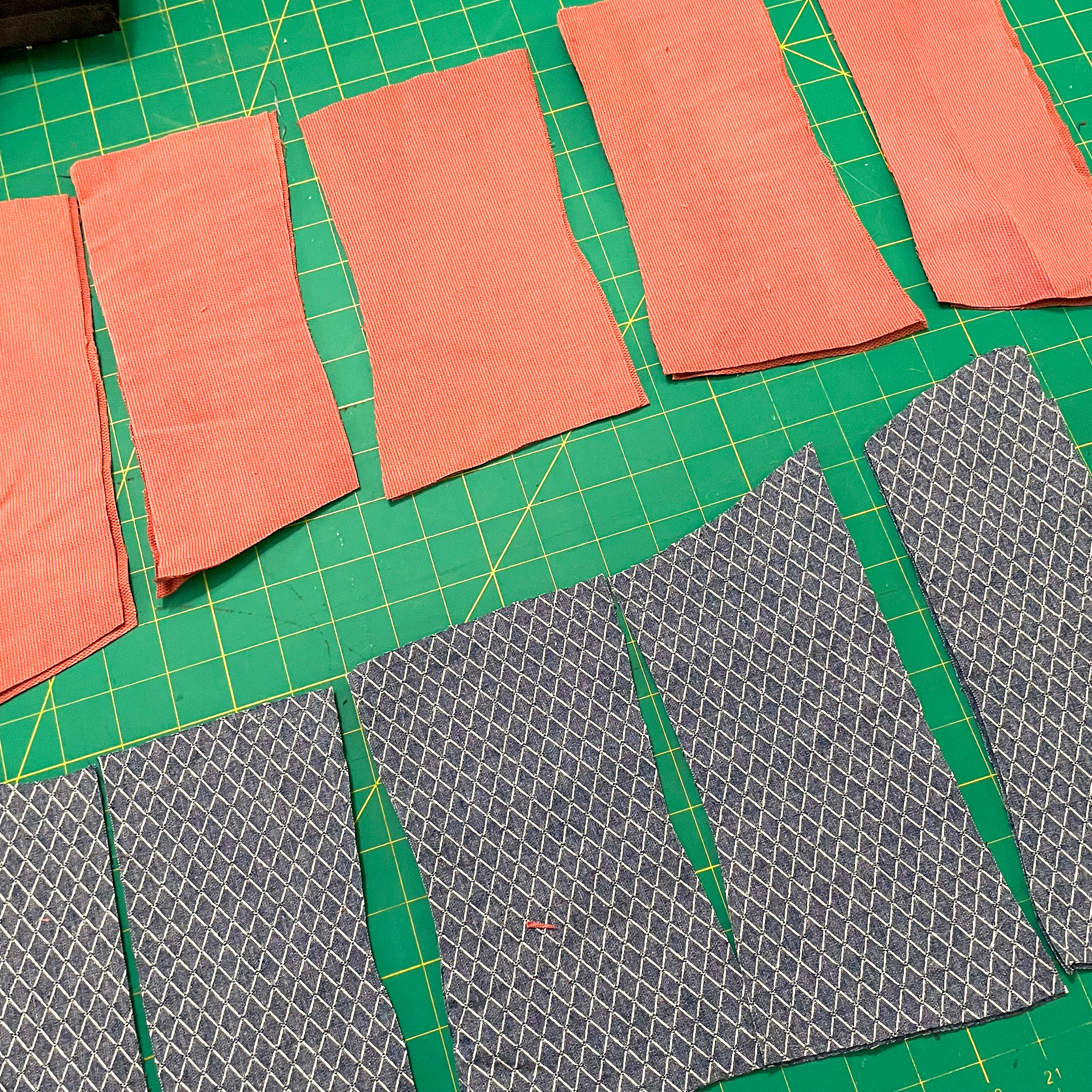 red denim, quilted blue denim