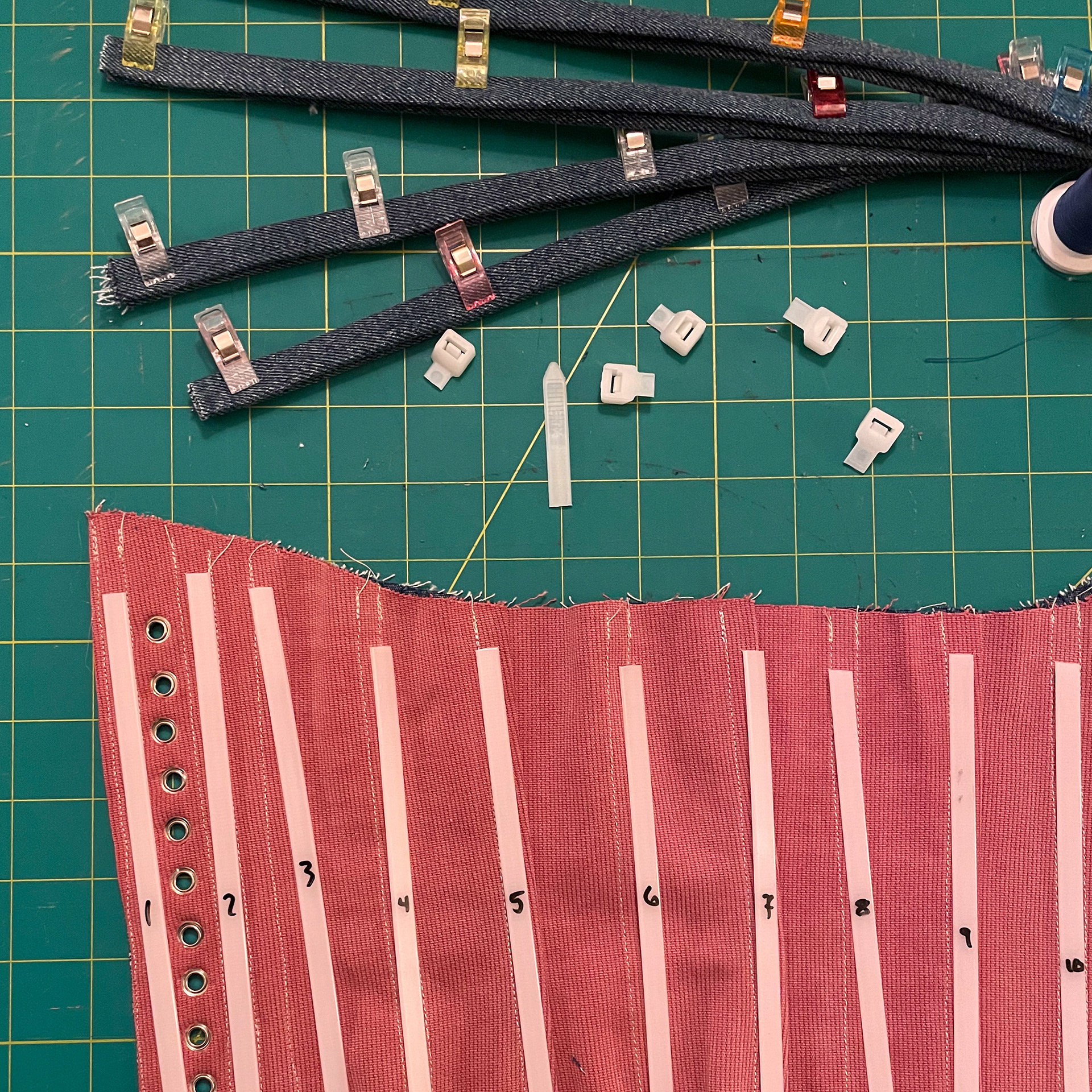 zip tie boning, custom jean binding