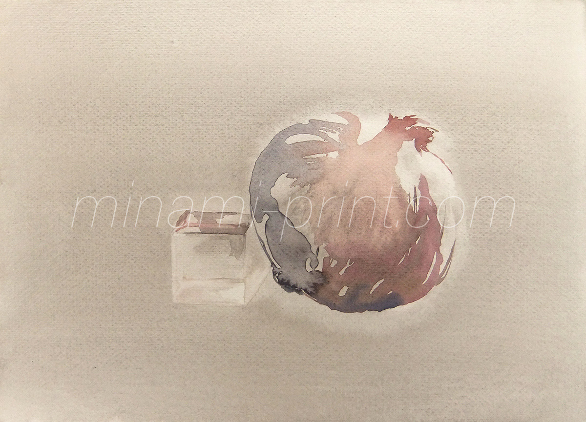 水彩「キューブと玉ねぎ」画像_watercolor cube and onion image