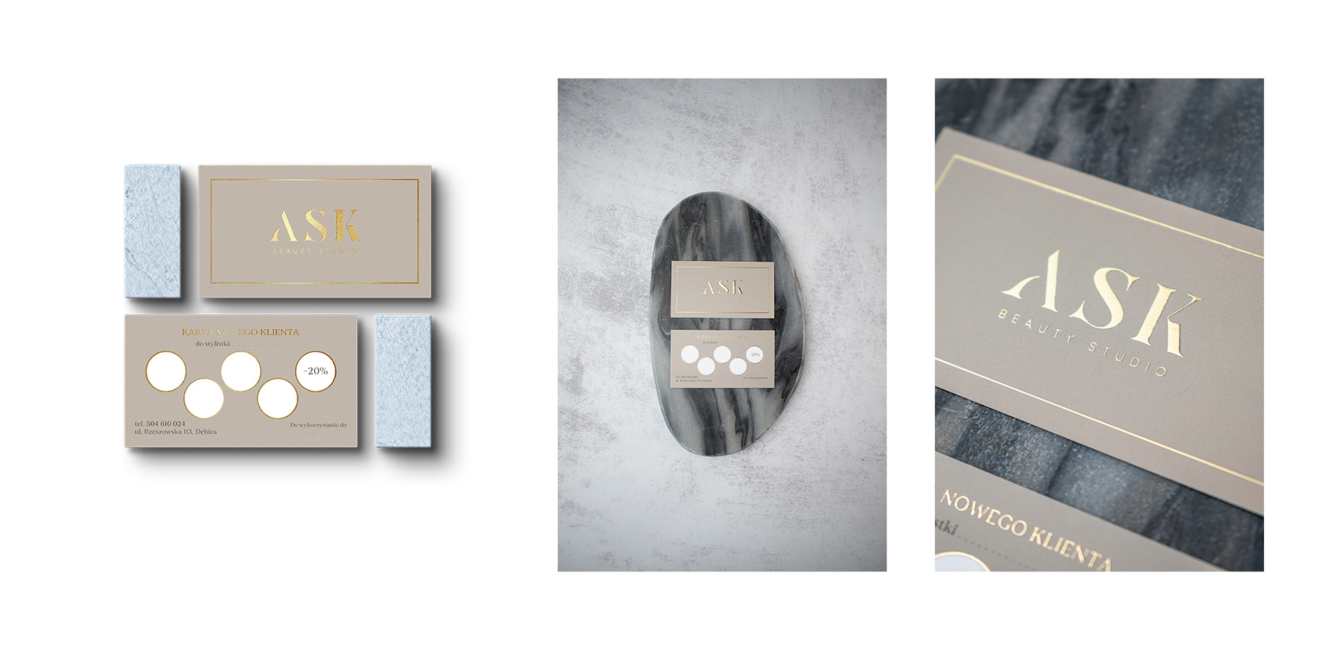 Projekt karty nowego klienta ze złoceniem dla ASK Beauty Studio Dębica