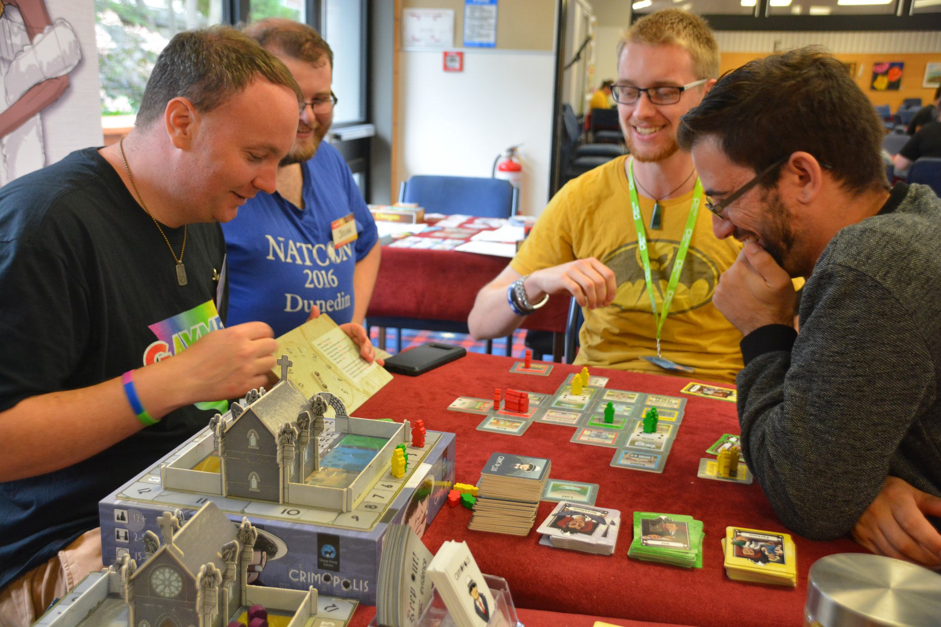 Super fan Josiah (blue shirt) helps others to master Crimopolis.