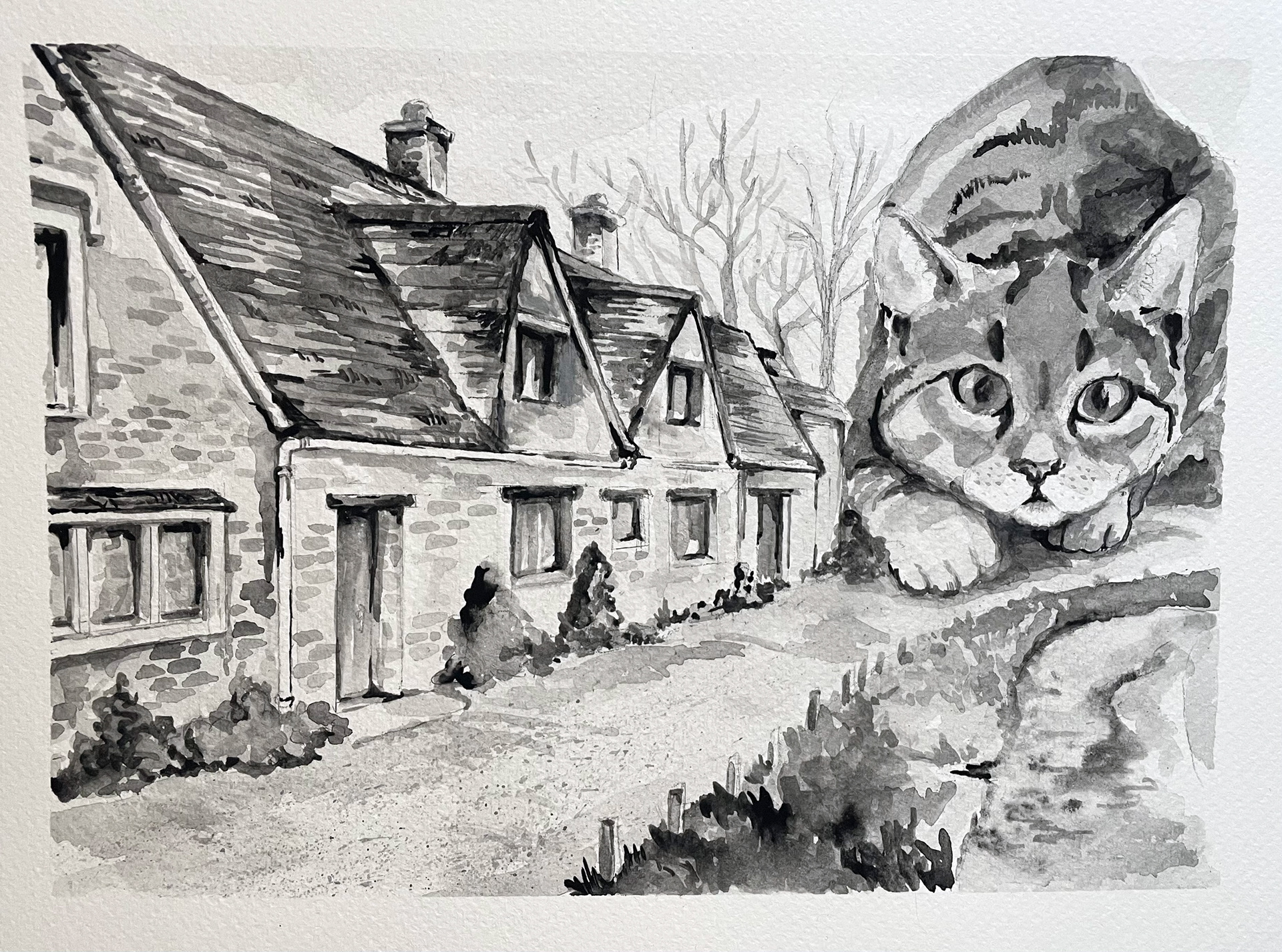 Landscape with cat, watercolor, 2025, 