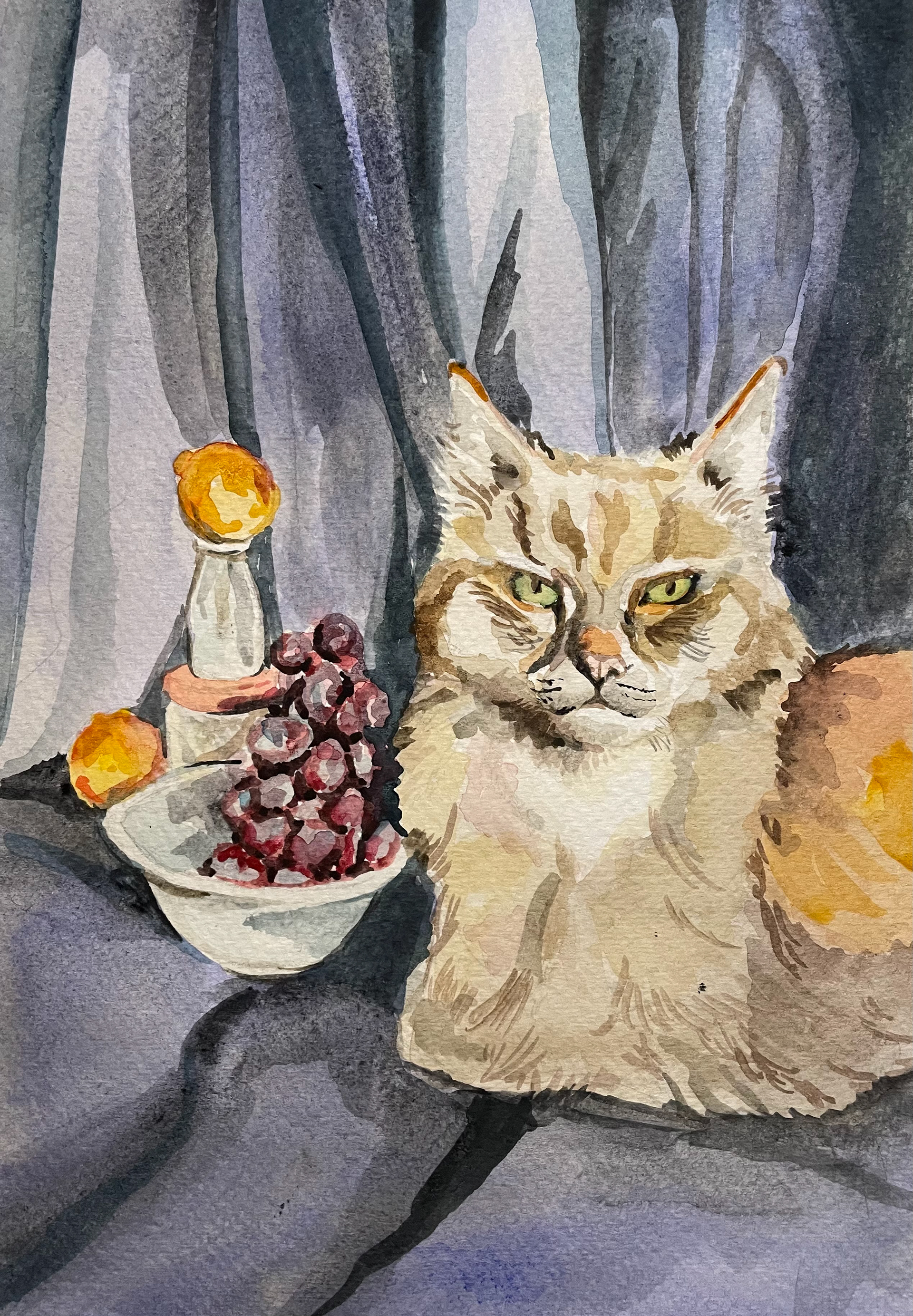 Cat and Still Life, Watercolor on paper, 2025
