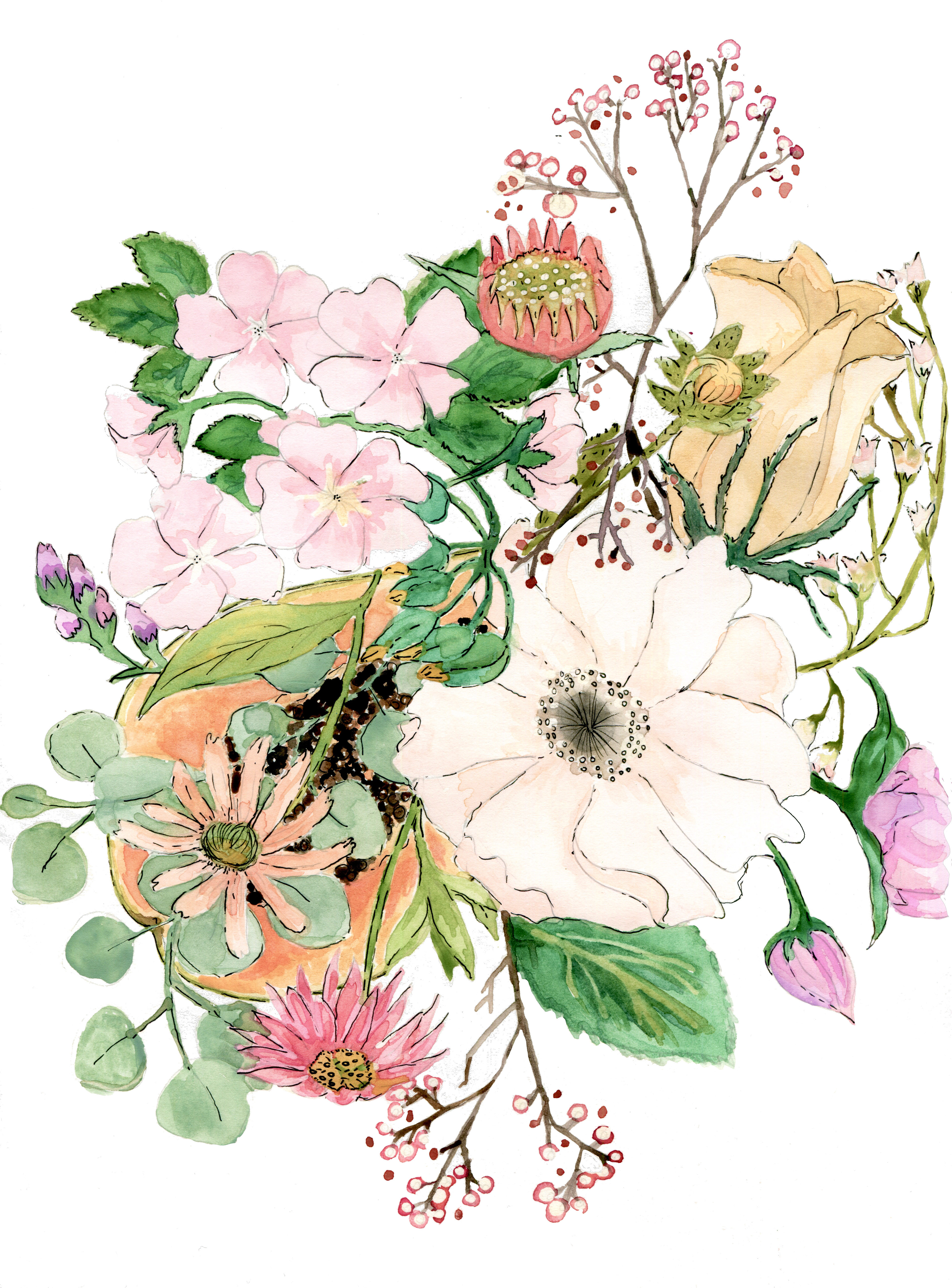 Guache and ink artwork for invitation suite