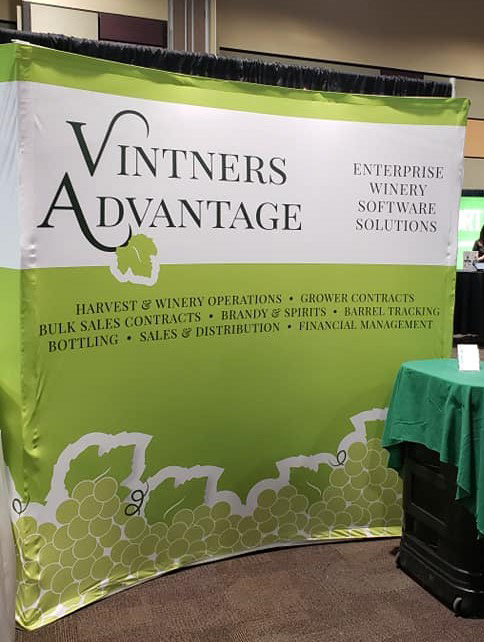 A tradeshow backdrop for Vintners Advantage to work in conjunction with their larger rebrand. The style matched their website graphics to provide their less computer-savvy customer base with a sense of familiarity when they logged on.