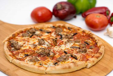 Super Deluxe Pizza Beef, sausage, pepperoni, onions, black olives, mushrooms, and mozzarella cheese.