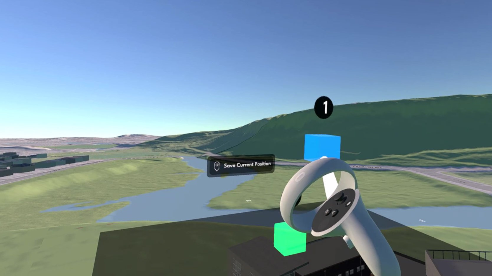 Screenshot from the VR application featuring the handmade Minimap widget with in-game viewpoints. The user is flying above a realistic 3D map of New Haven, Conneticut, and has selected one viewpoint with their controller.