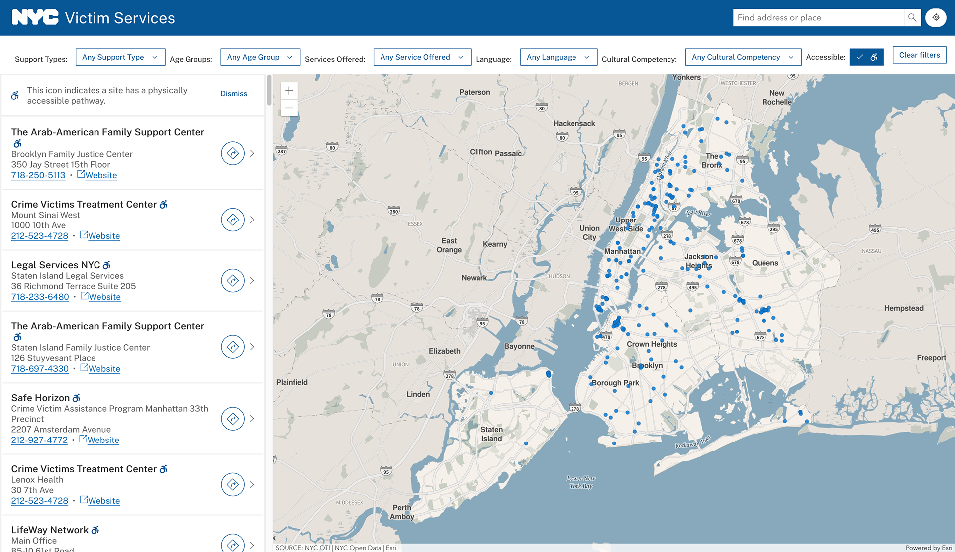 NYC Victim Services Locations page, showing filter UI.