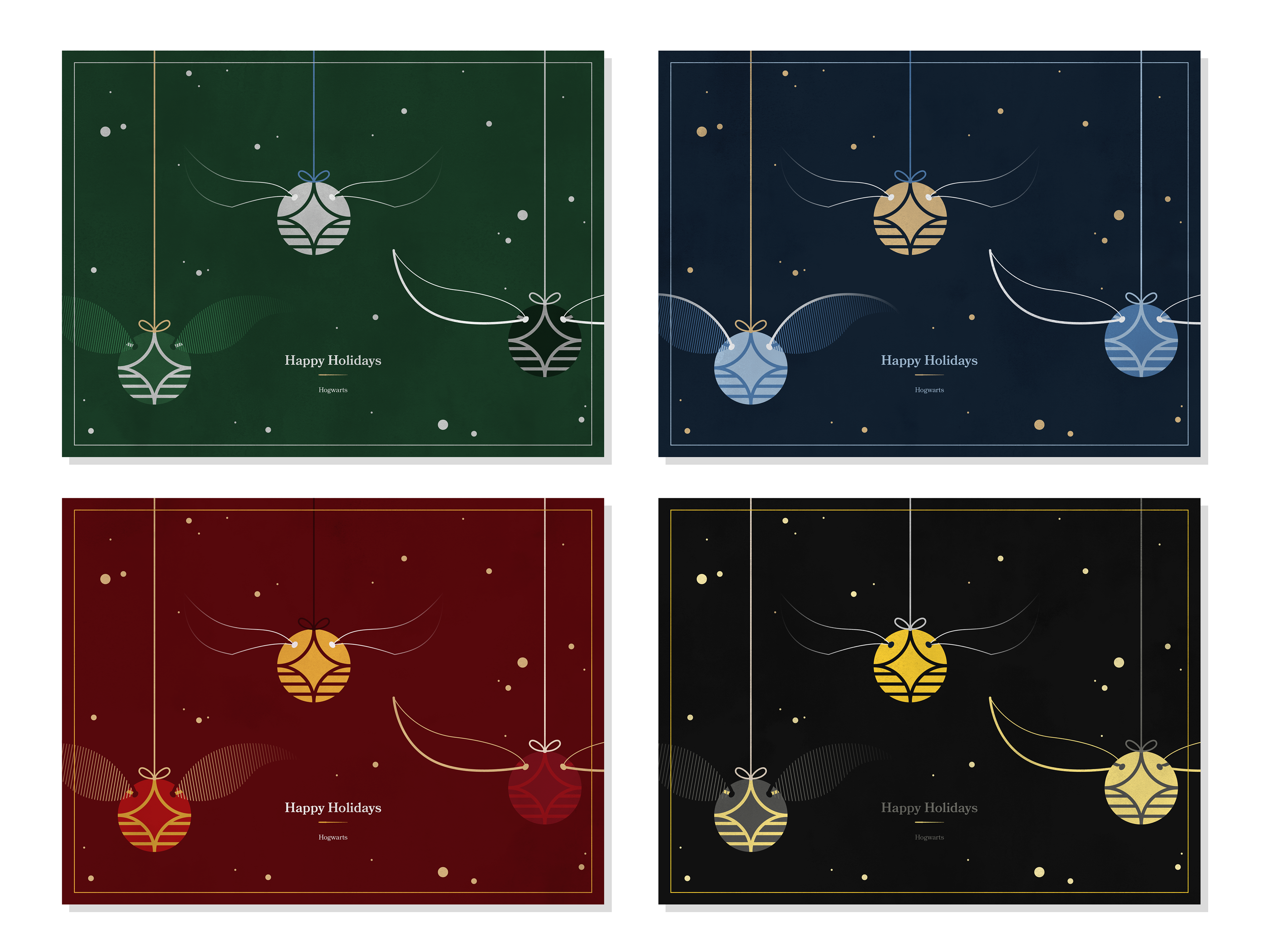 Harry Potter themed holiday cards for all the Hogwarts houses.