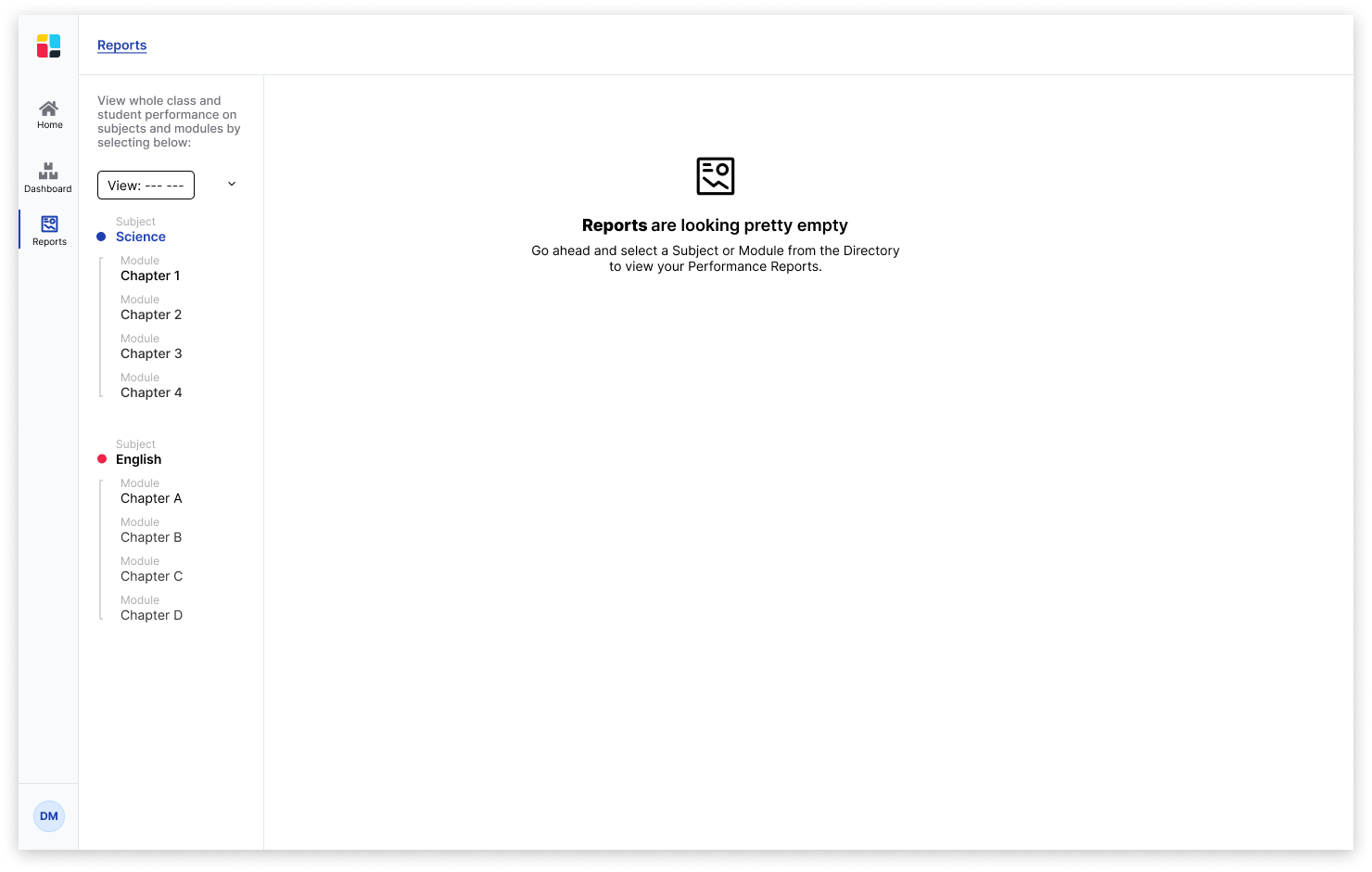 Initial landing page when the user clicks on Reports, but has not yet selected a subject or module to view