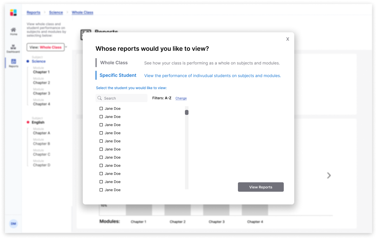 Pop-up window to switch between "Whole Class" and "Specific Student" View.