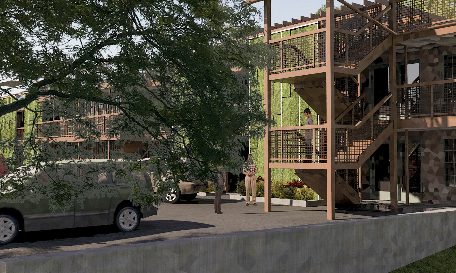 View of Parking and Courtyard with Stair Tower