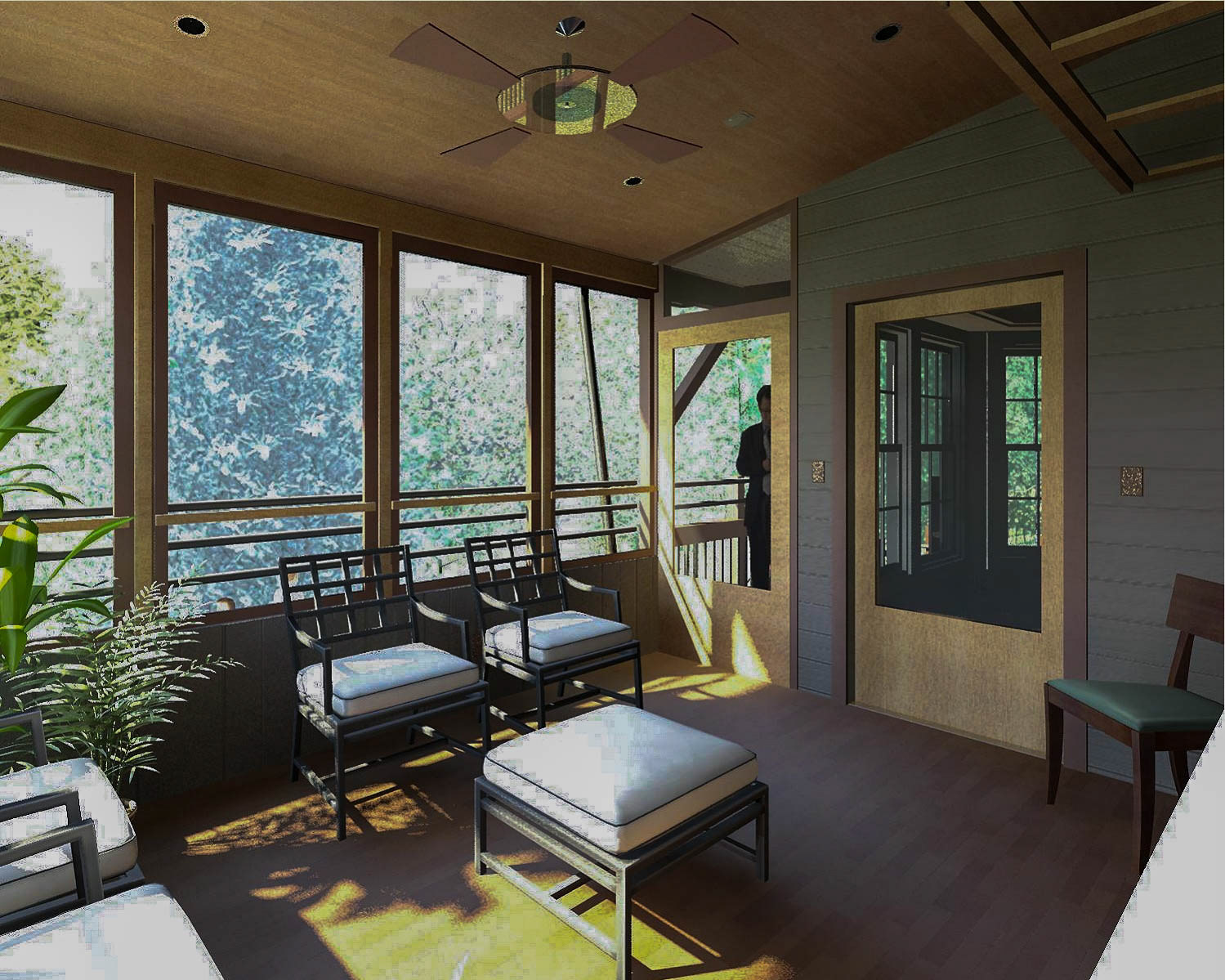 Three Season Porch toward the forest with interchangeable screens and windows