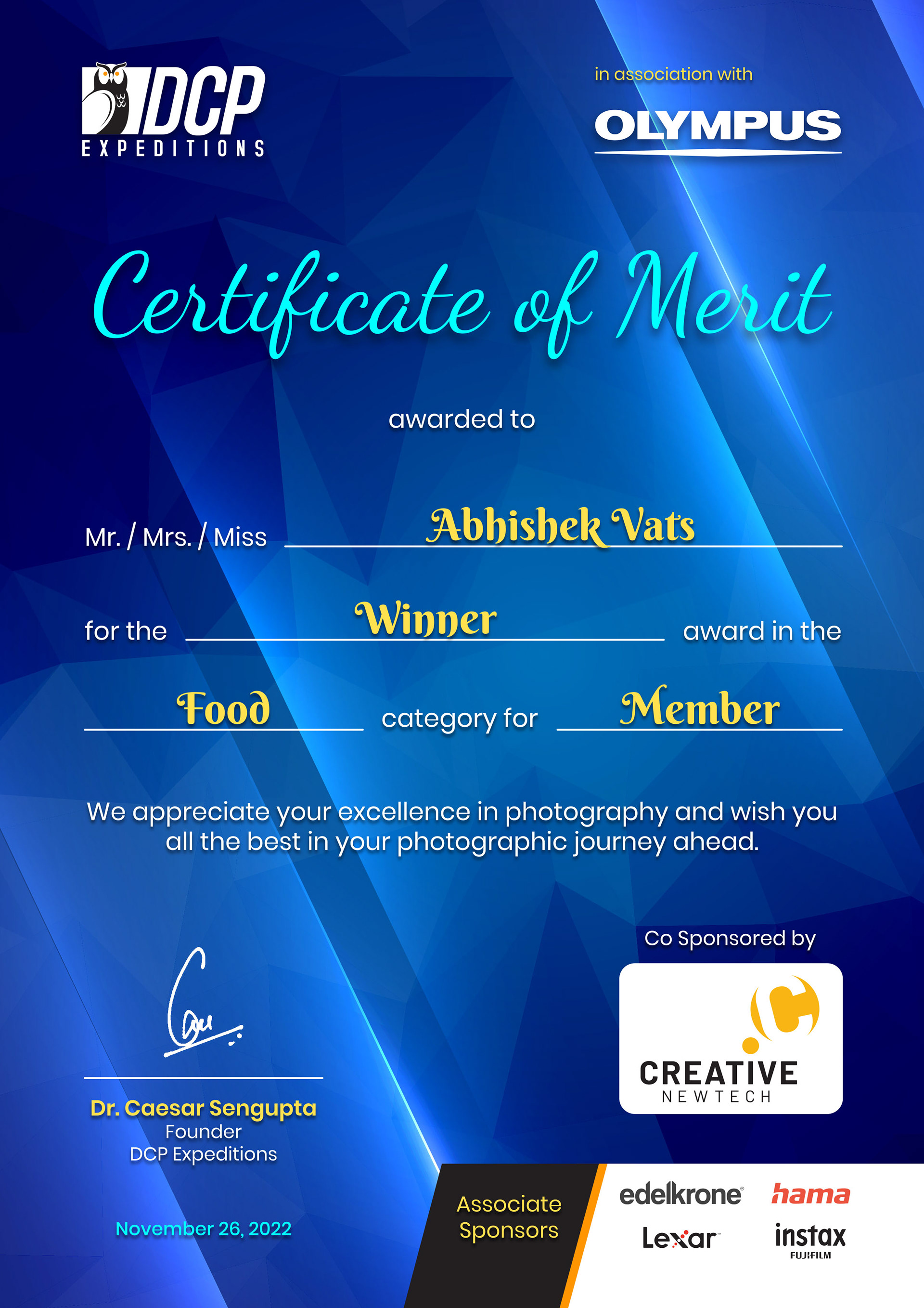 Certificate for Best Food Photographer of the year award 22-23 at DCP Expeditions