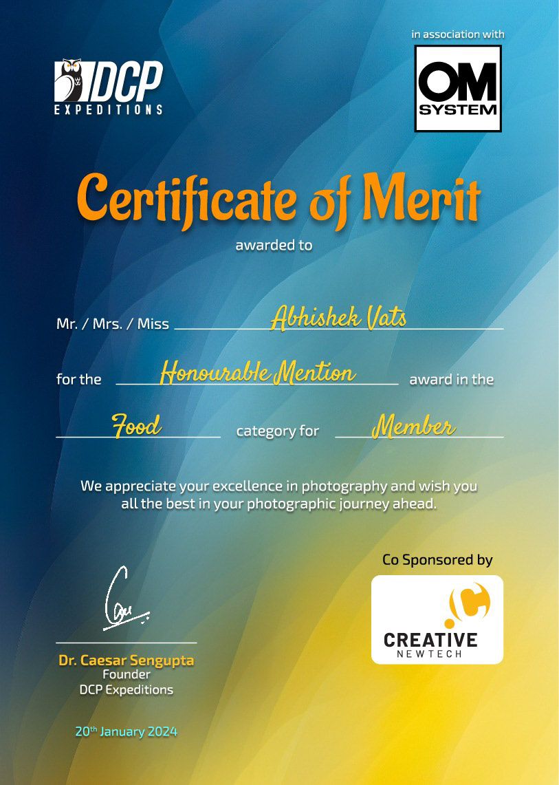 Certificate for Honourable Mention - Food Photography award 23-24 at DCP Expeditions