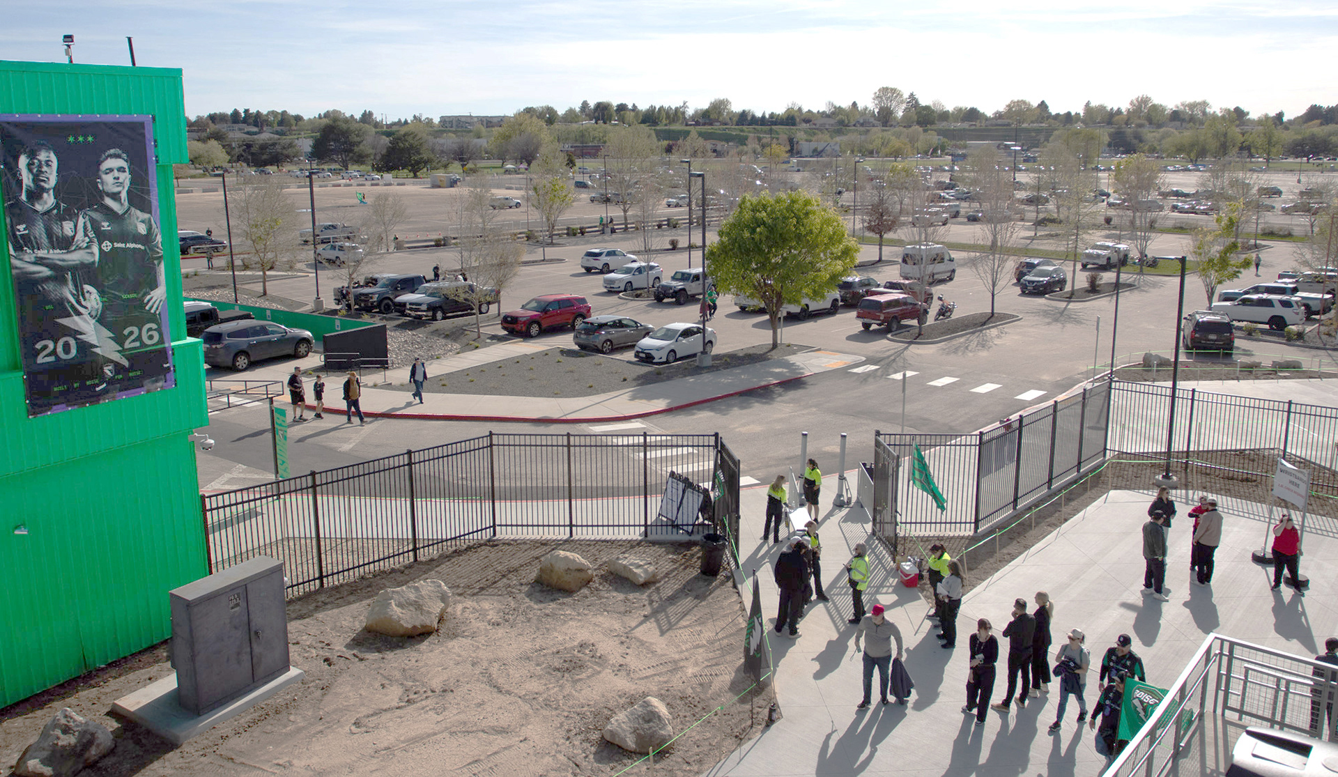Parking lot at Les Bois Park before a match on Saturday, April 18. 2026