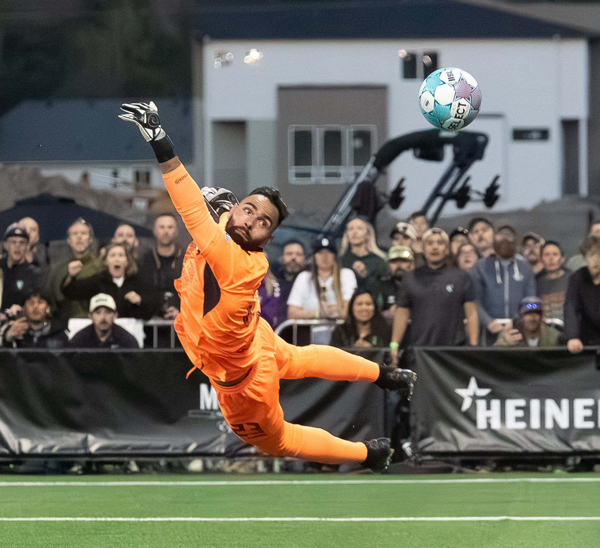 Carlos Merancio #23 for Spokane Velocity is not able to block a shot on goal that did not go in during first home game for AC Boise played at Les Bois Park on Saturday 4.4.26