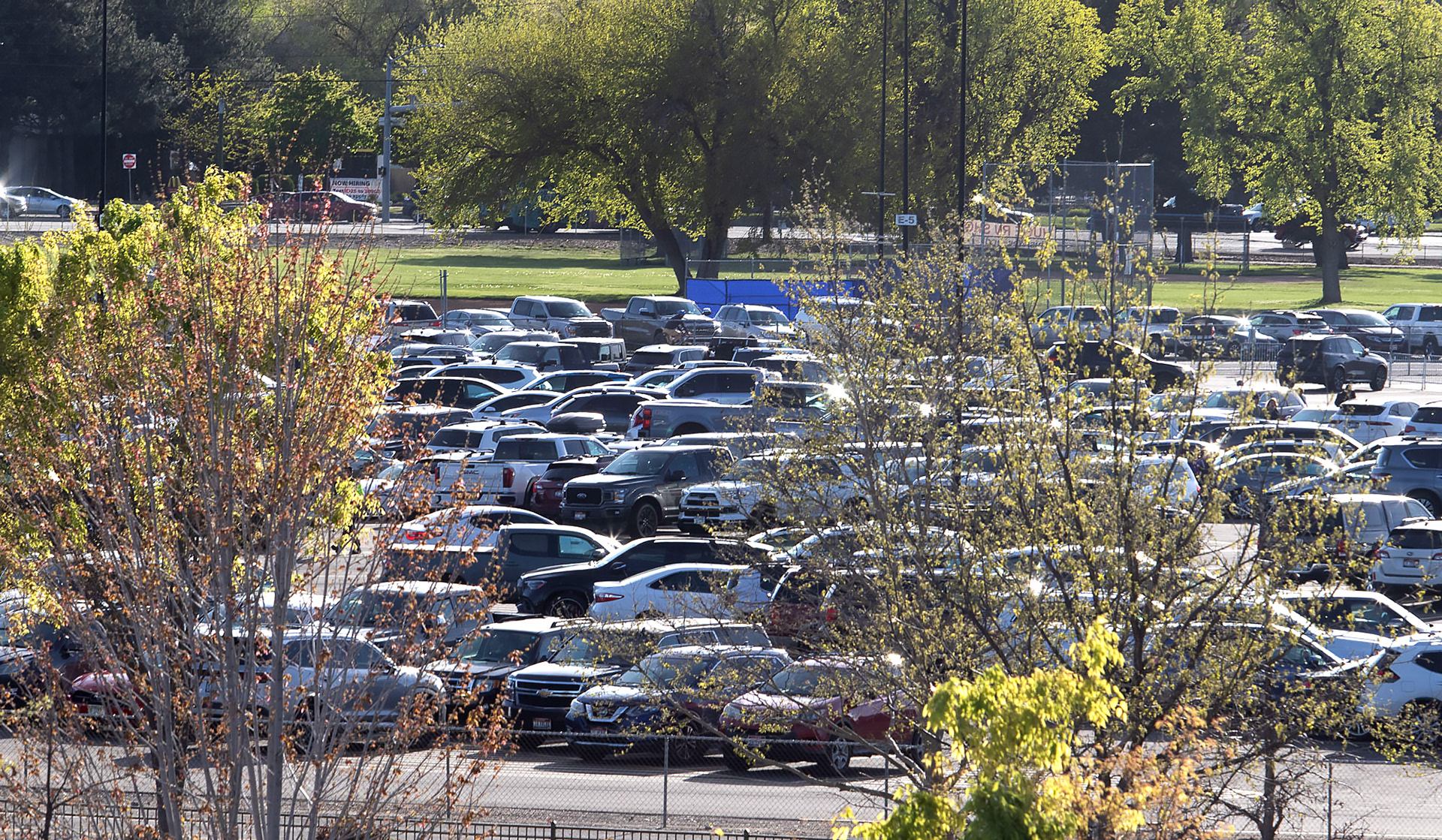 Cars are packed into the parking lot for the Athletic Club Boise soccer match at Les Bois Park on Saturday, April 18, 2026.