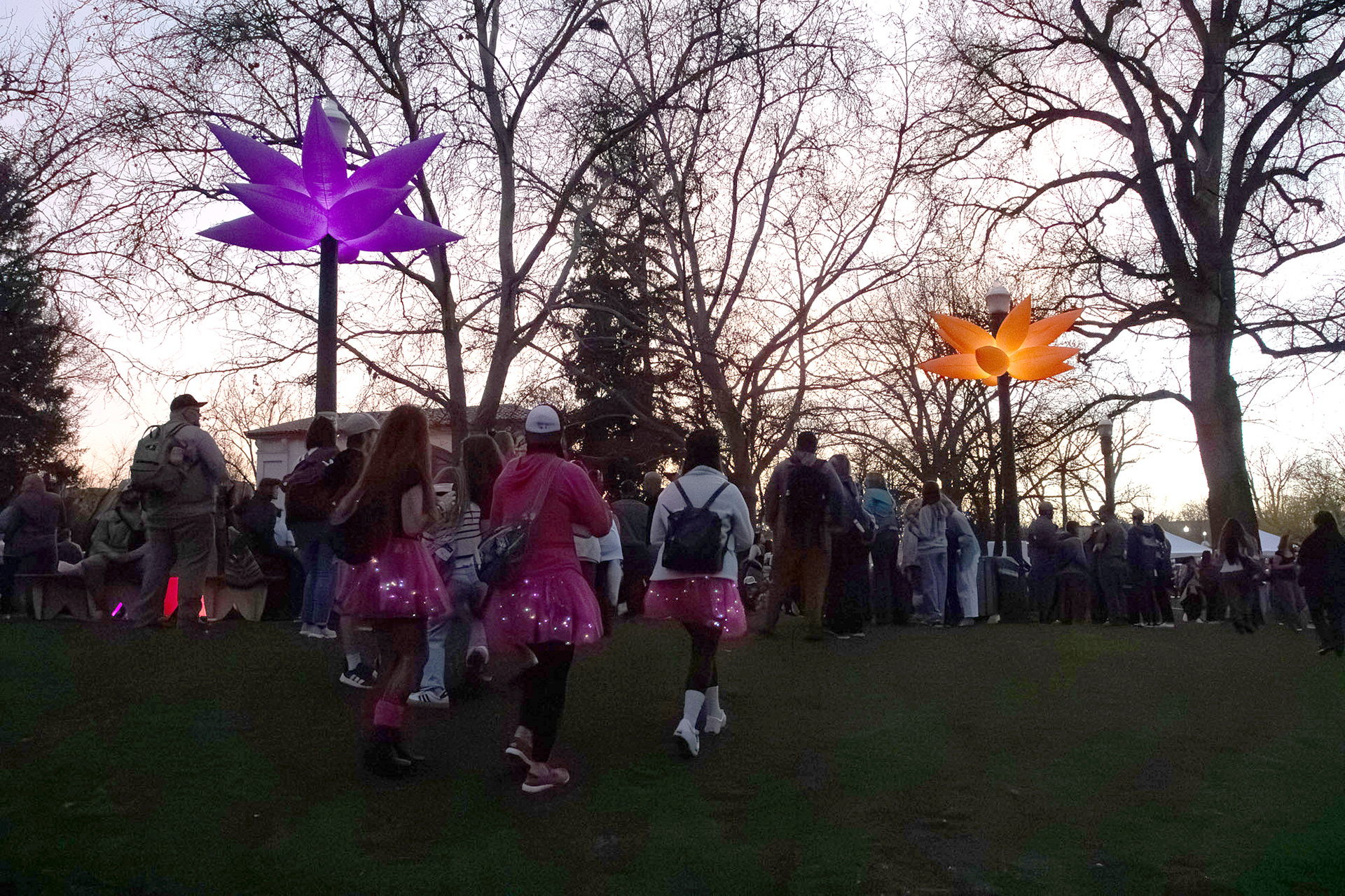 Flower bloom lights near the Band Shell and people mingling taking in the show