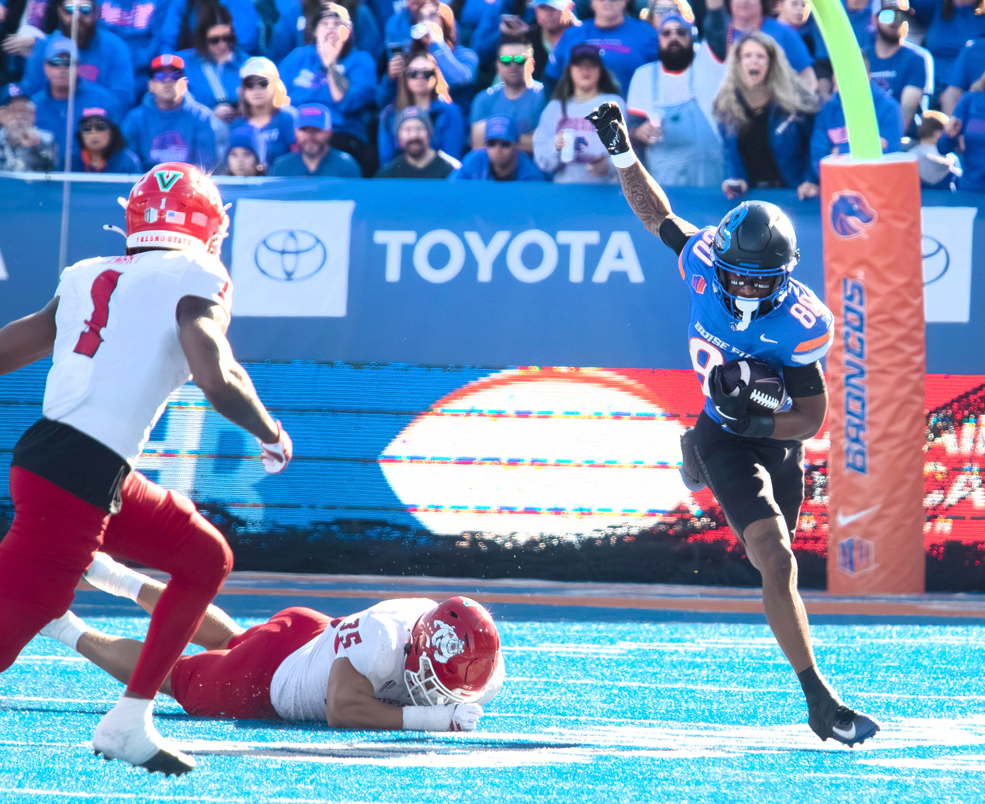 Cameron Bates, wide receiver for Boise State University escapes a tackle during football game against Fresno State  at Albertsons Stadium Saturday, November 1, 2025