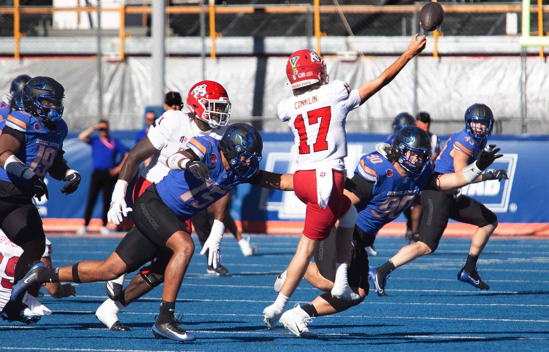 Boise State University's defense tackling Fresno State quarter back during football game Albertsons Stadium Saturday, November 1, 2025